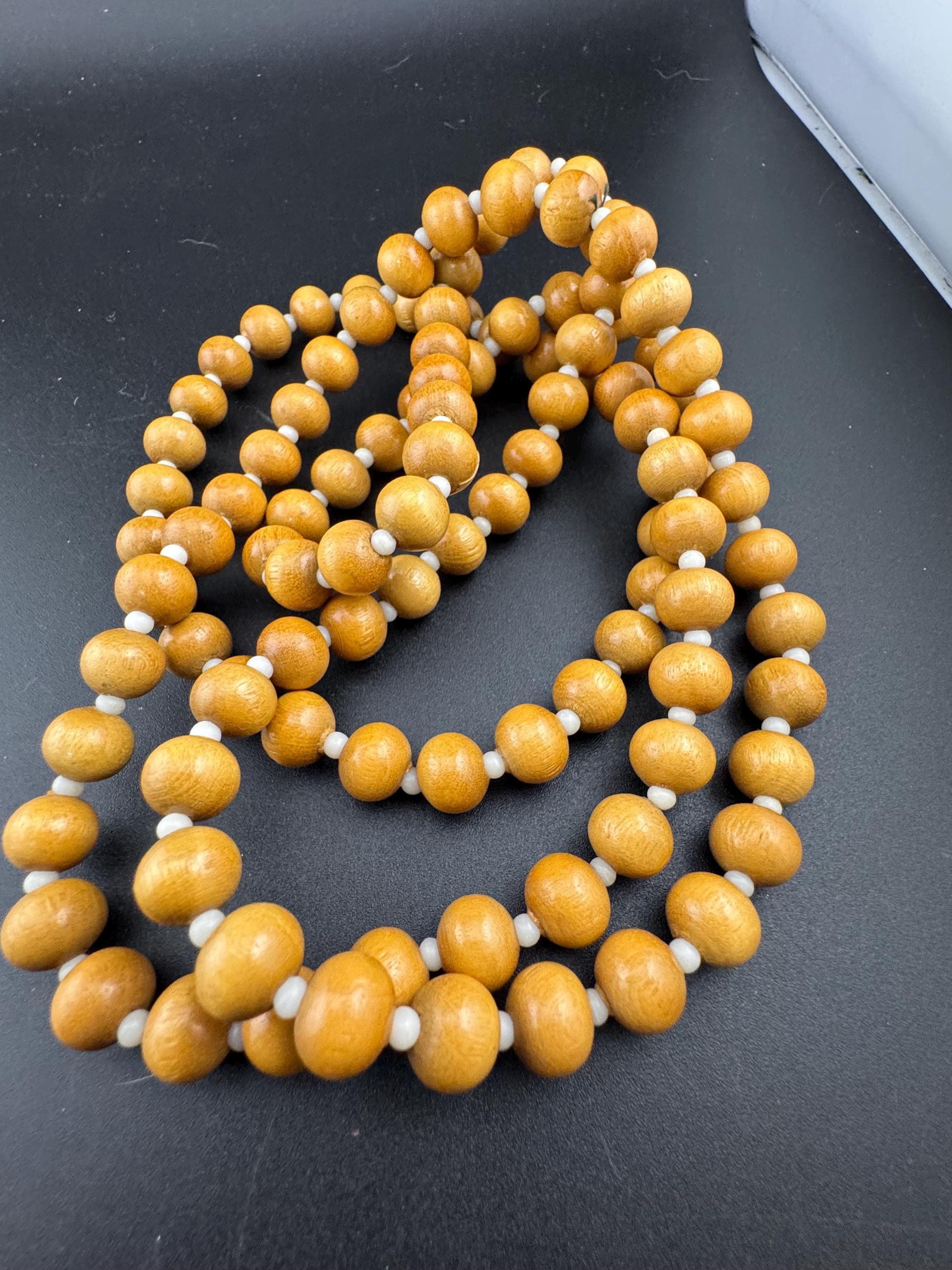 long vintage light brown wooden natural round beaded layering necklace boho festival jewellery