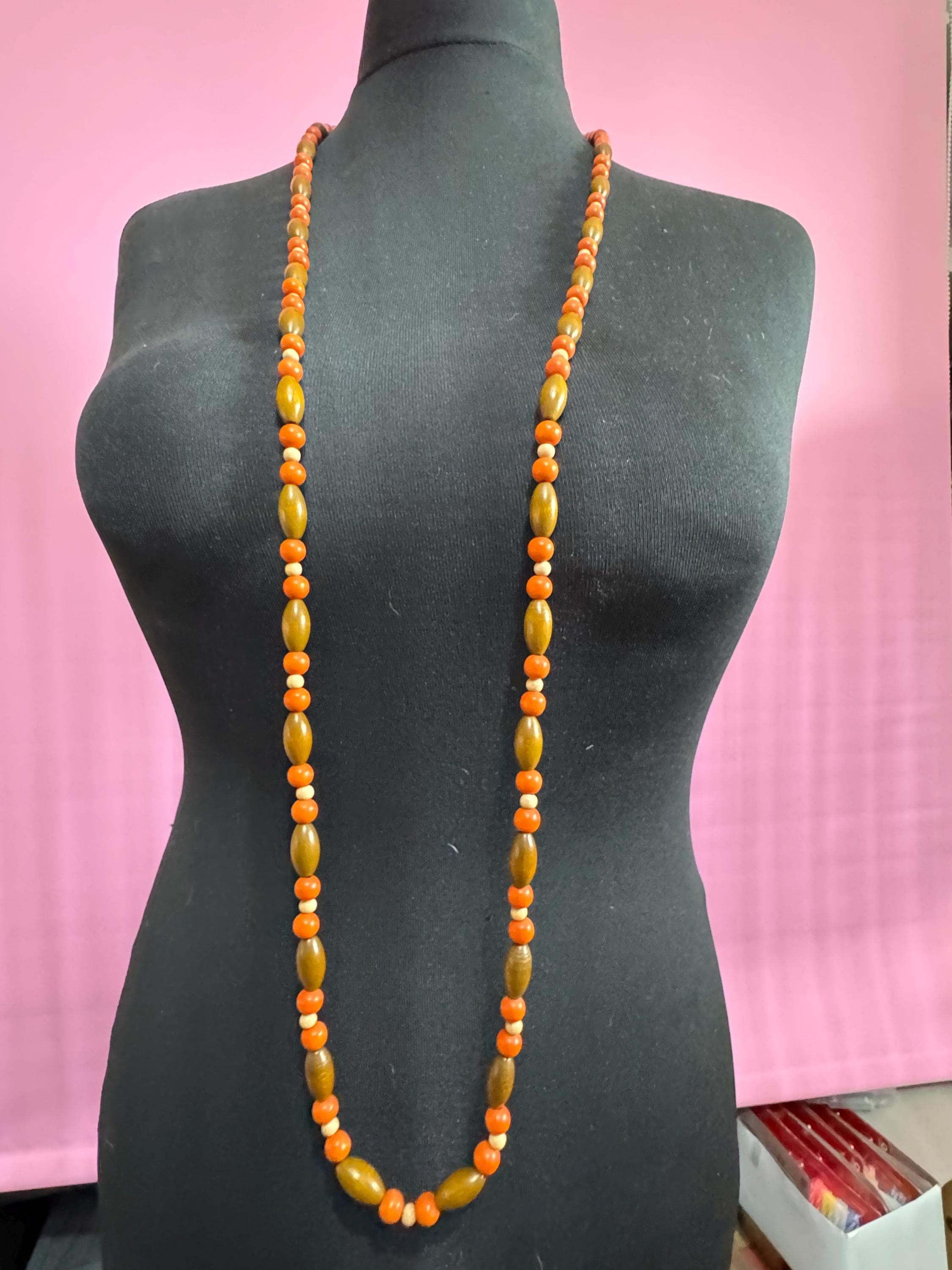 long vintage light brown and orange wooden natural round beaded layering necklace boho festival jewellery