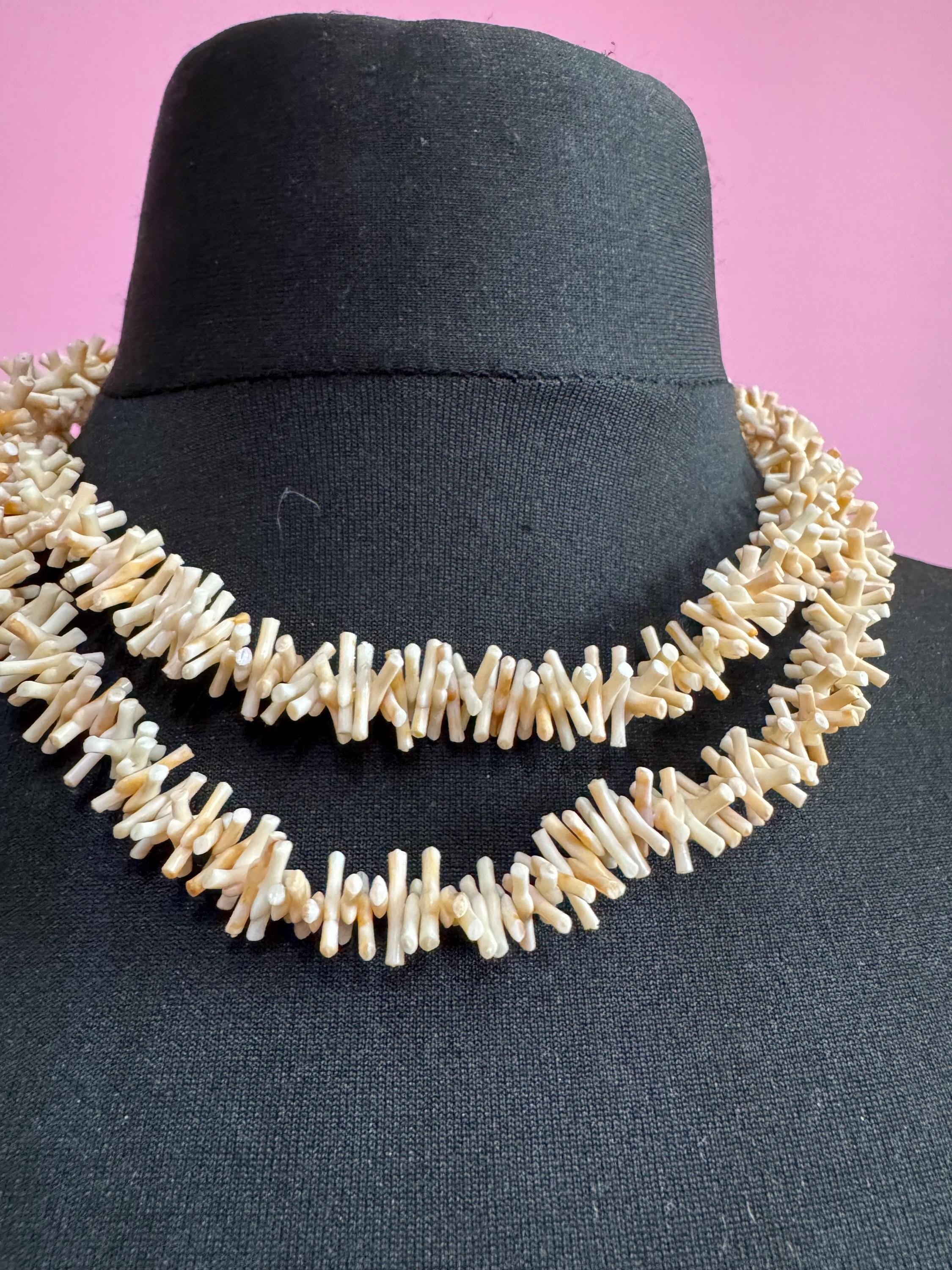 Retro Stick Branch pale pink cream FAUX Coral plastic Beaded long layering necklace