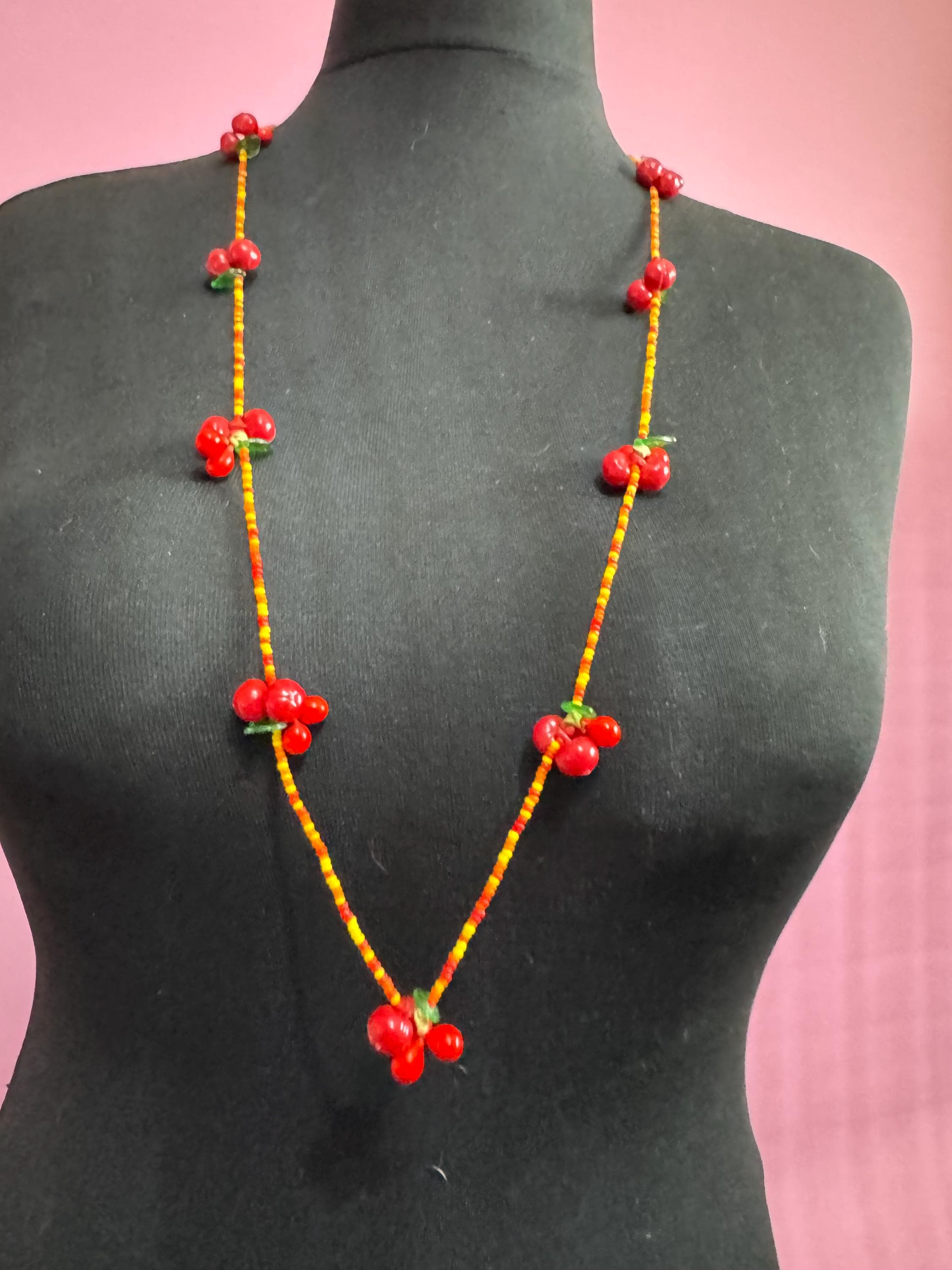 Vintage bright red fruit cherry long layering necklace, orange and yellow glass seed beads with plastic cherries