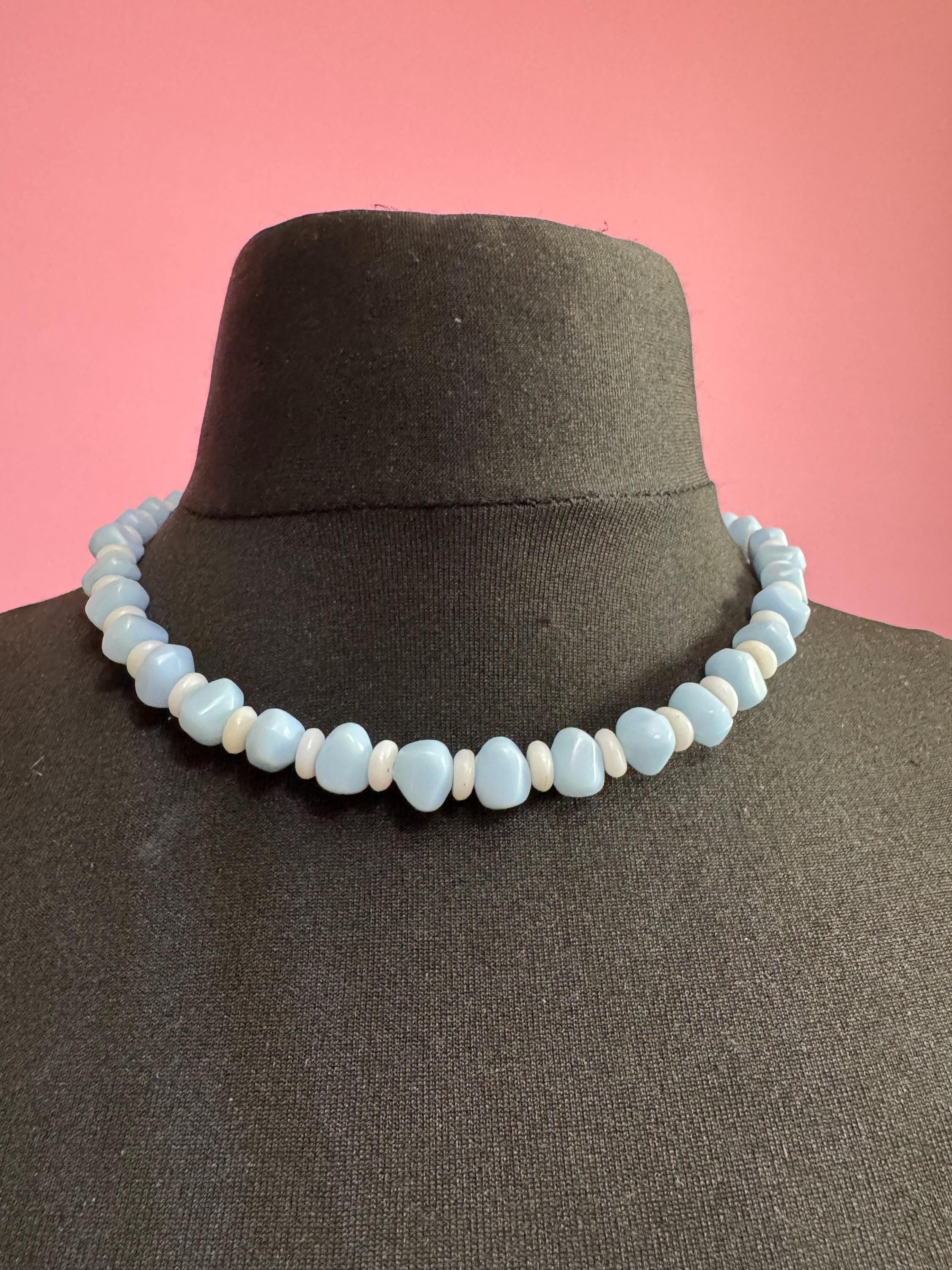 Vintage pastel blue and white beaded plastic necklace 47cm