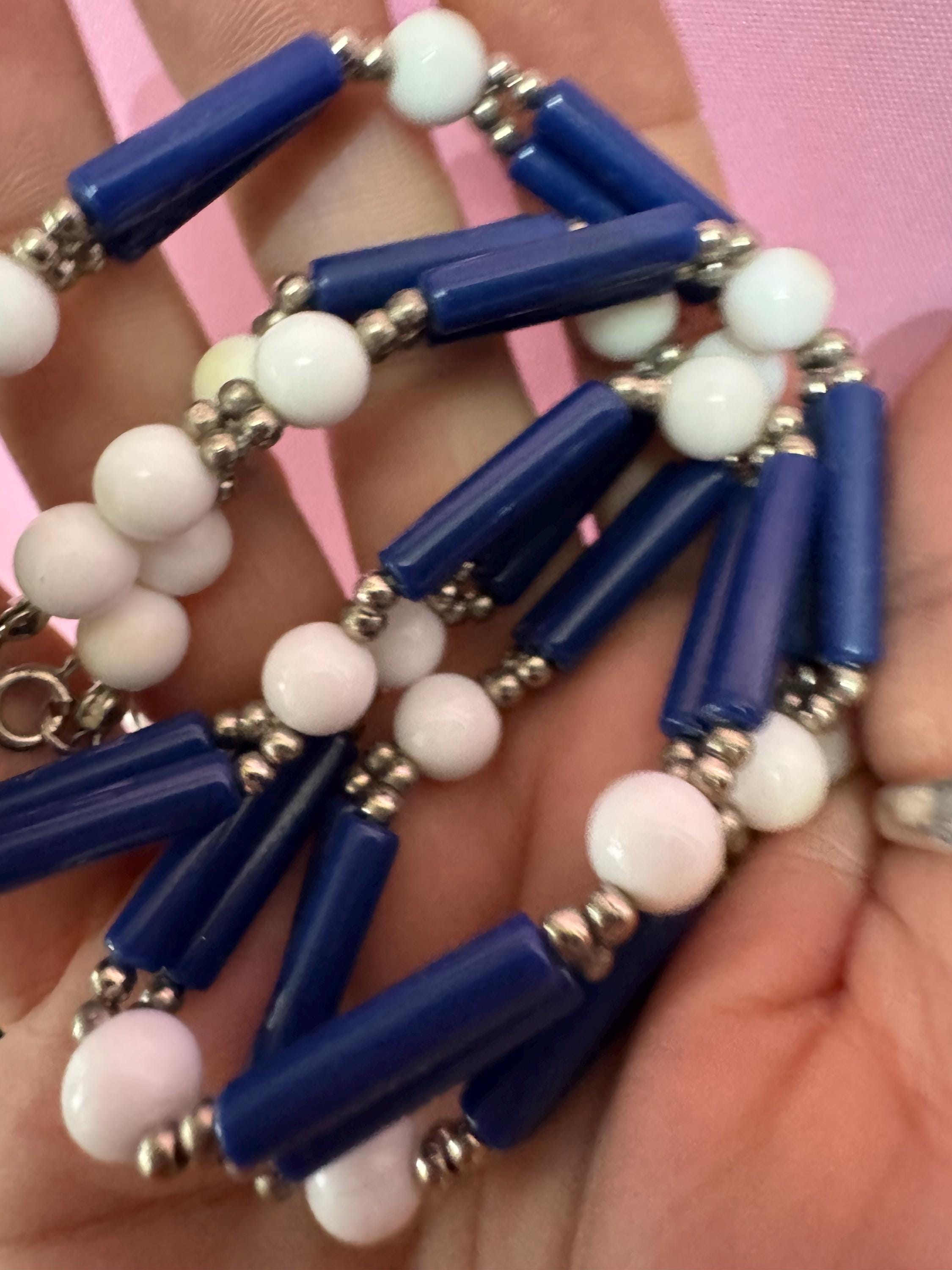 Vintage 1970s Multistrand Necklace: Navy Blue & White Plastic Chain