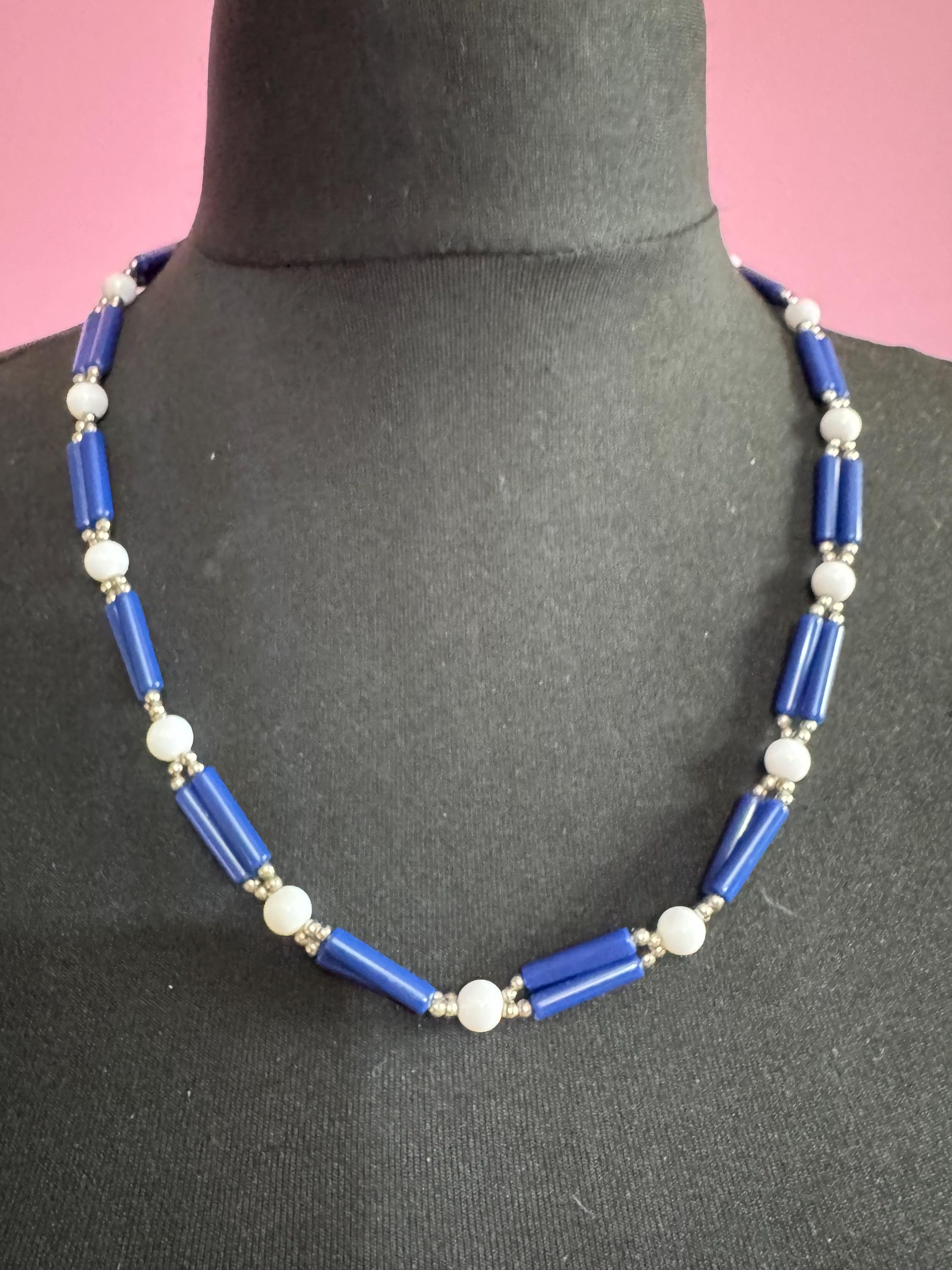 Vintage 1970s Multistrand Necklace: Navy Blue & White Plastic Chain