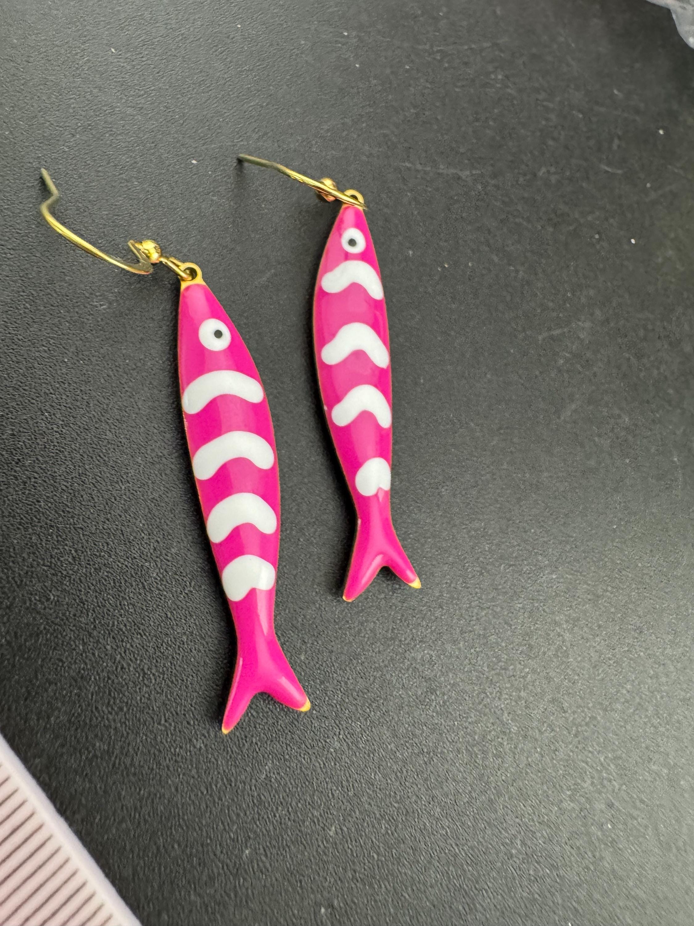 Nautical dark pink enamel gold tone sardine fish drop charm earrings for  pierced ears