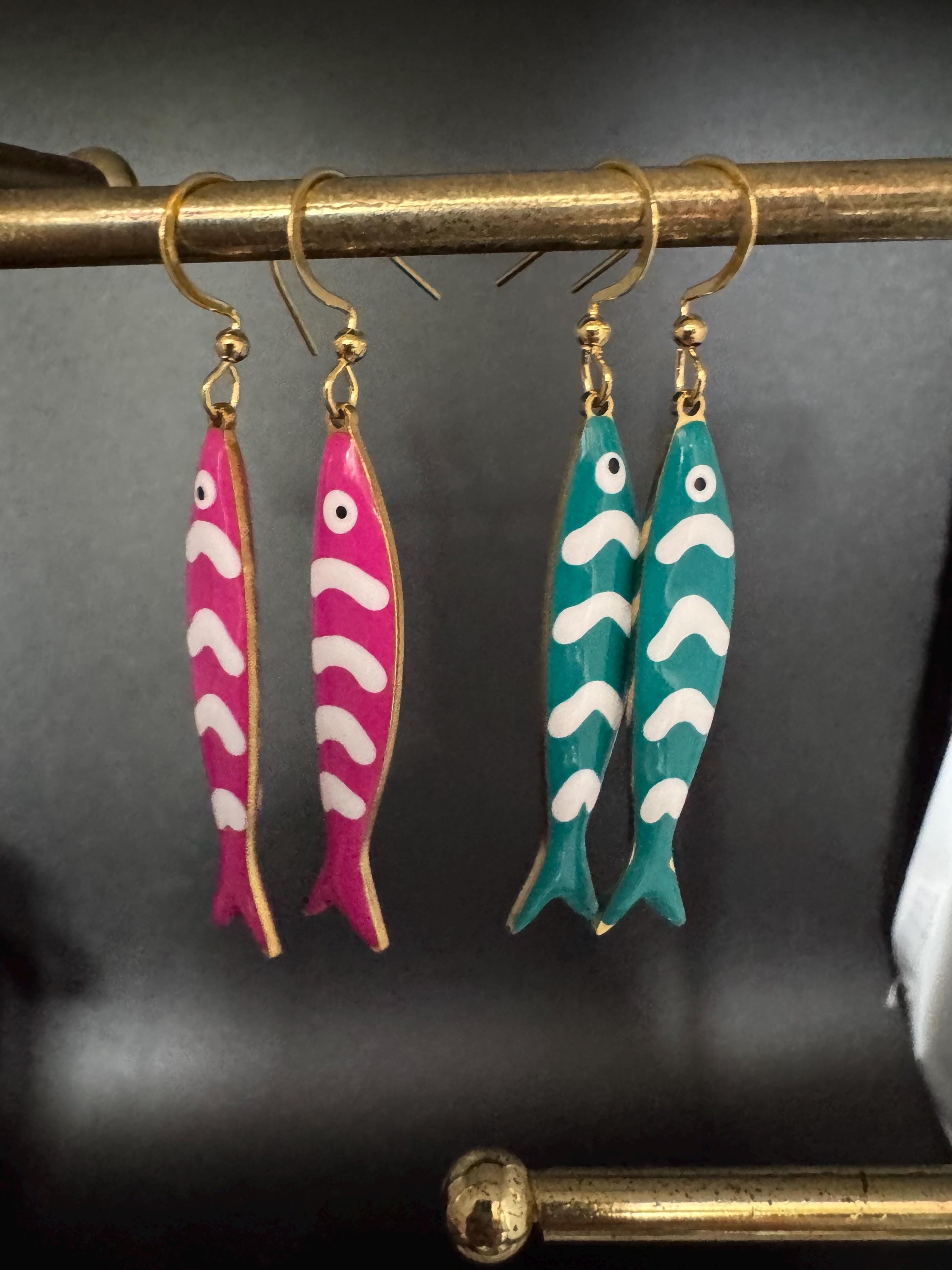 Nautical turquoise blue enamel gold tone sardine fish drop charm earrings for  pierced ears