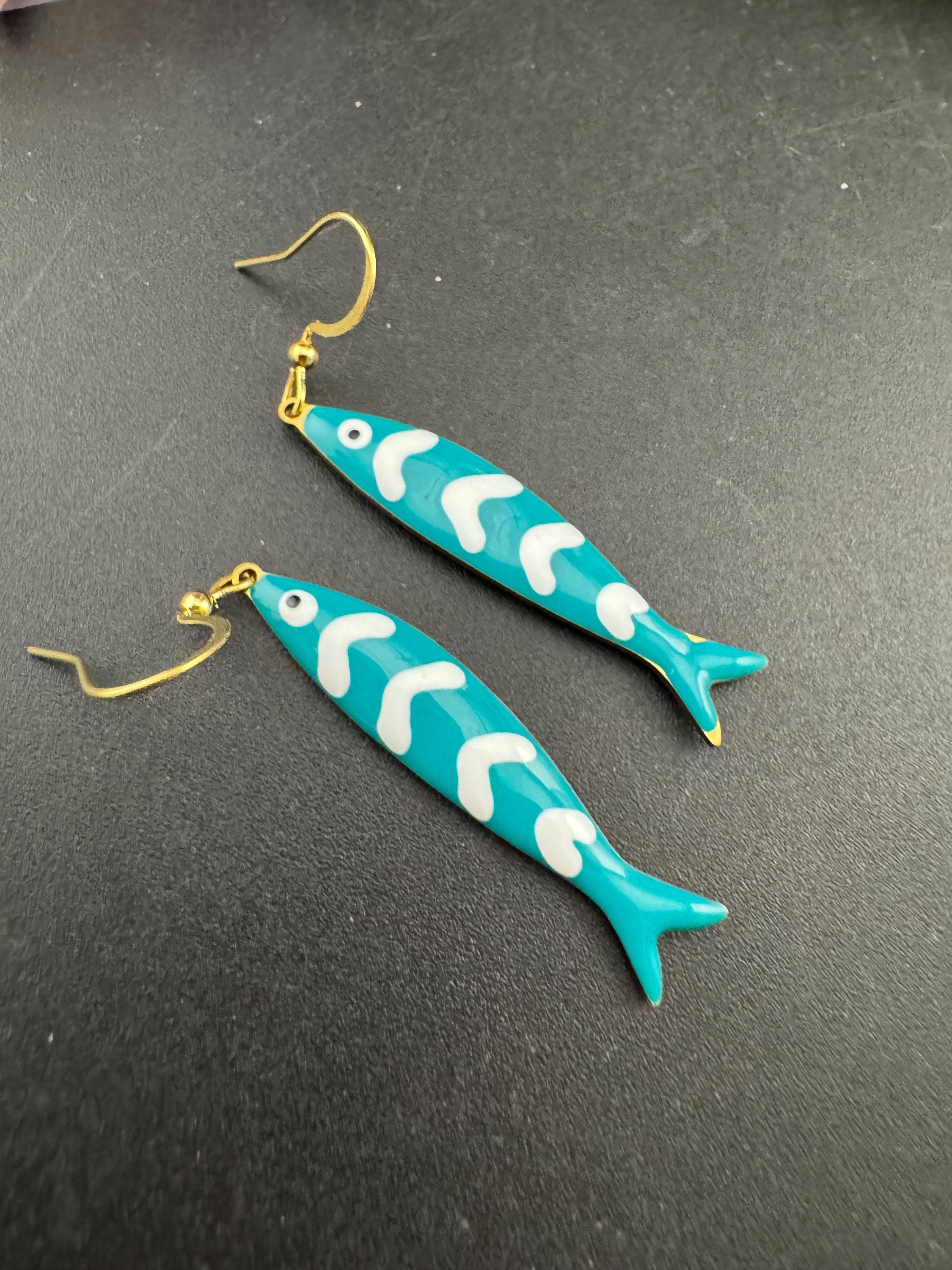 Nautical turquoise blue enamel gold tone sardine fish drop charm earrings for  pierced ears