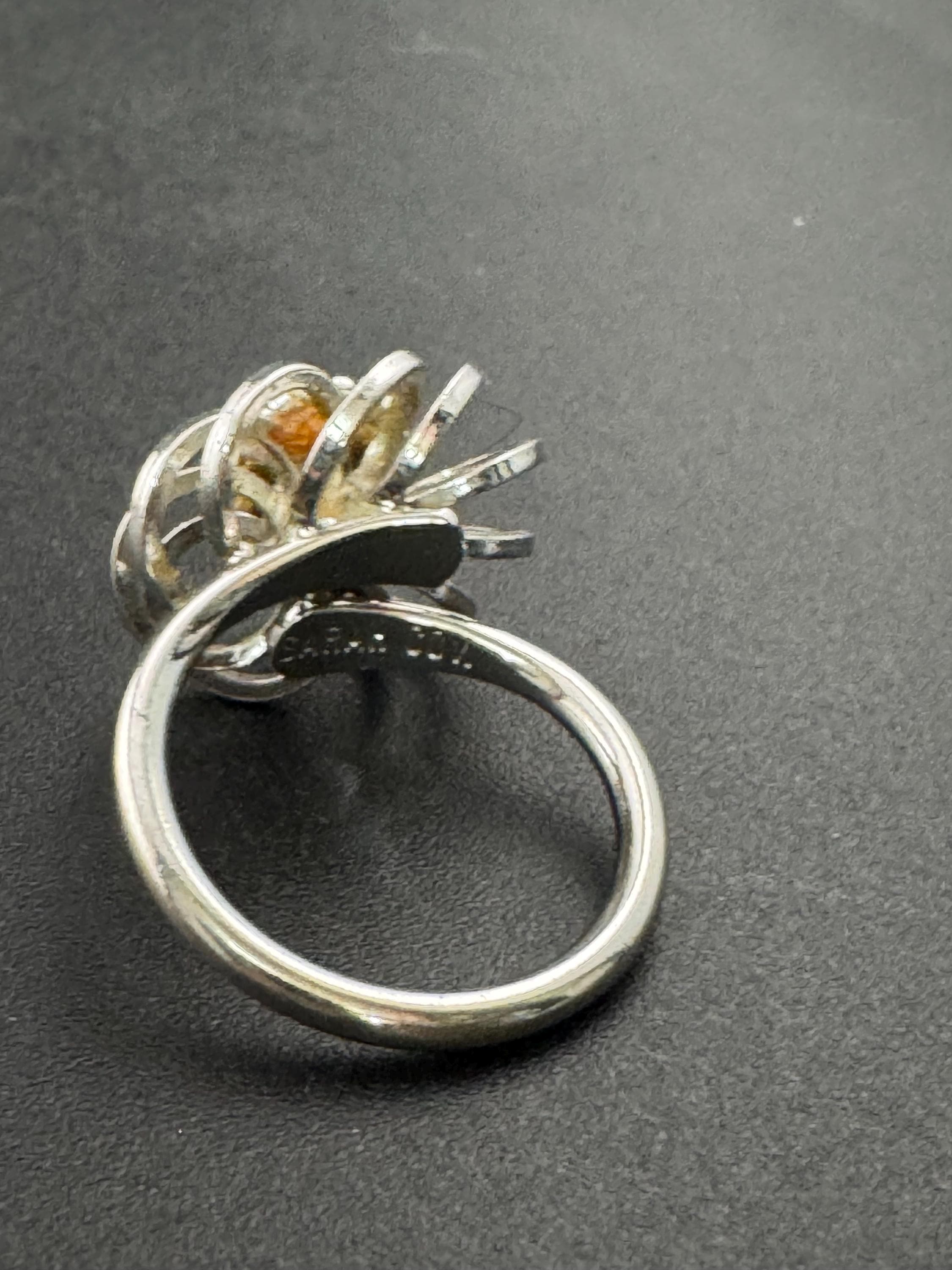 Signed Sarah Coventry Cocktail Ring: Silver Tone Black Rhinestone Filigree, Adjustable