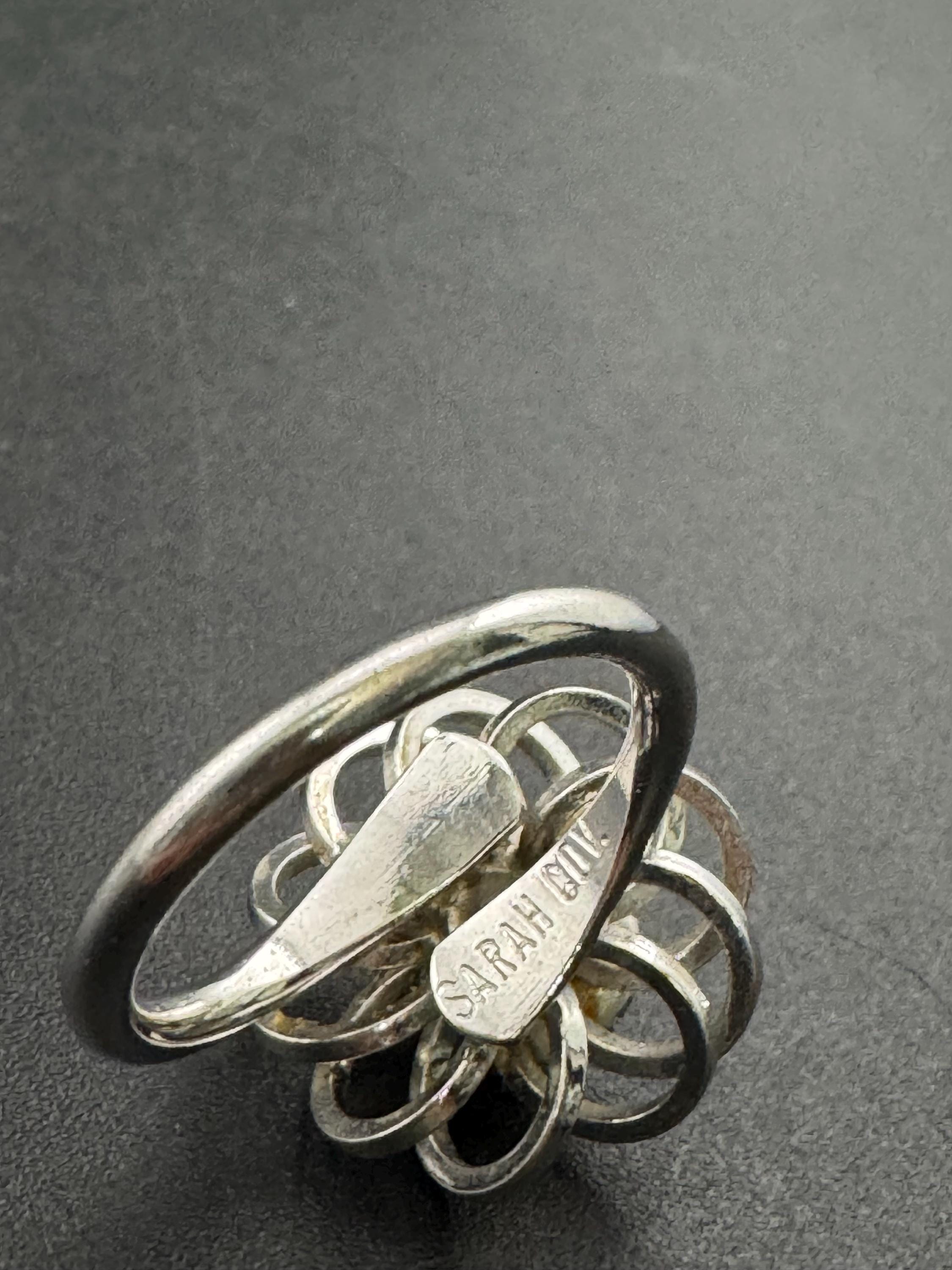 Signed Sarah Coventry Cocktail Ring: Silver Tone Black Rhinestone Filigree, Adjustable