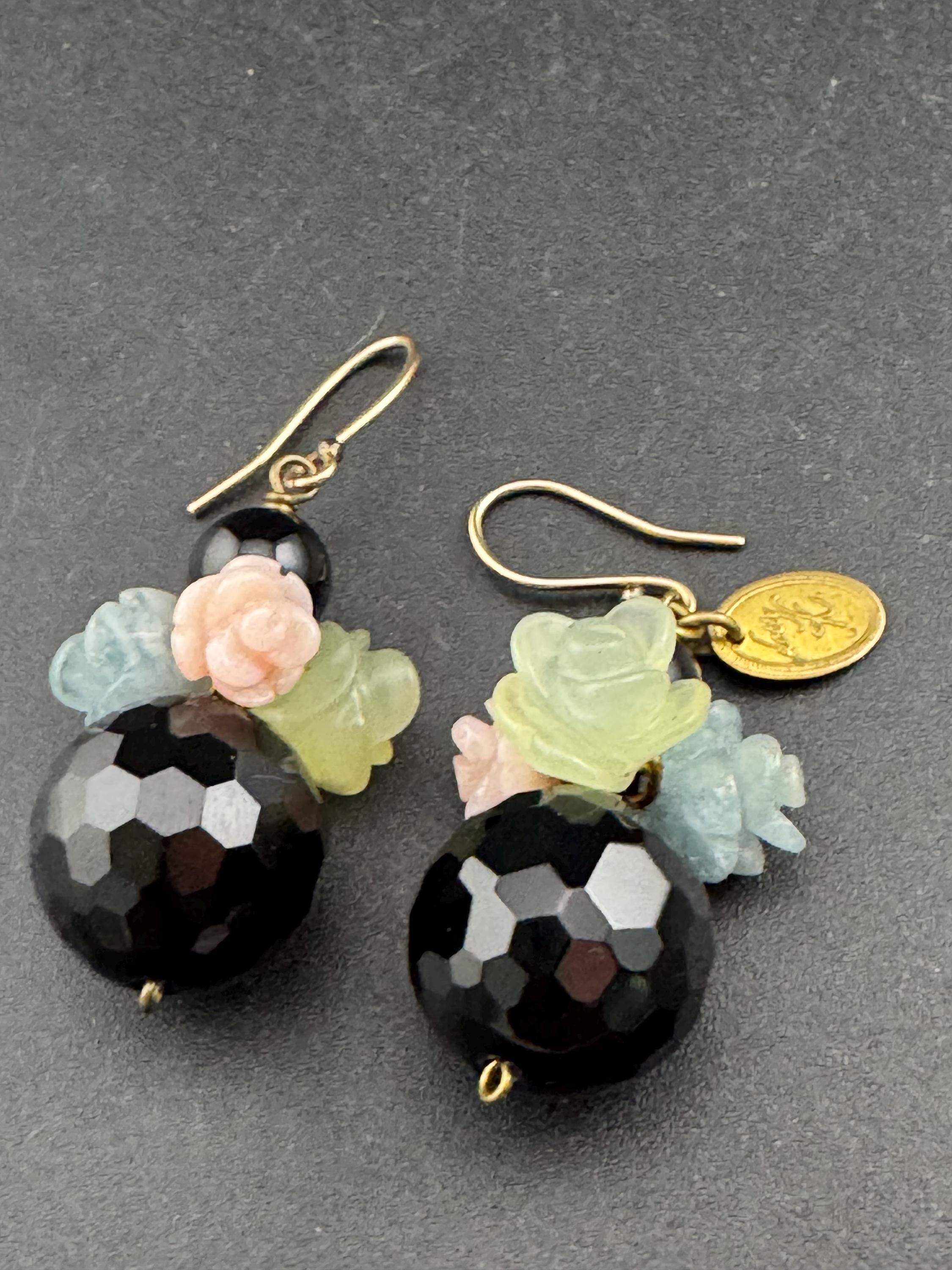 Signed Lotty K Black glass beaded pair dangly drop opaline carved floral pierced drop earrings