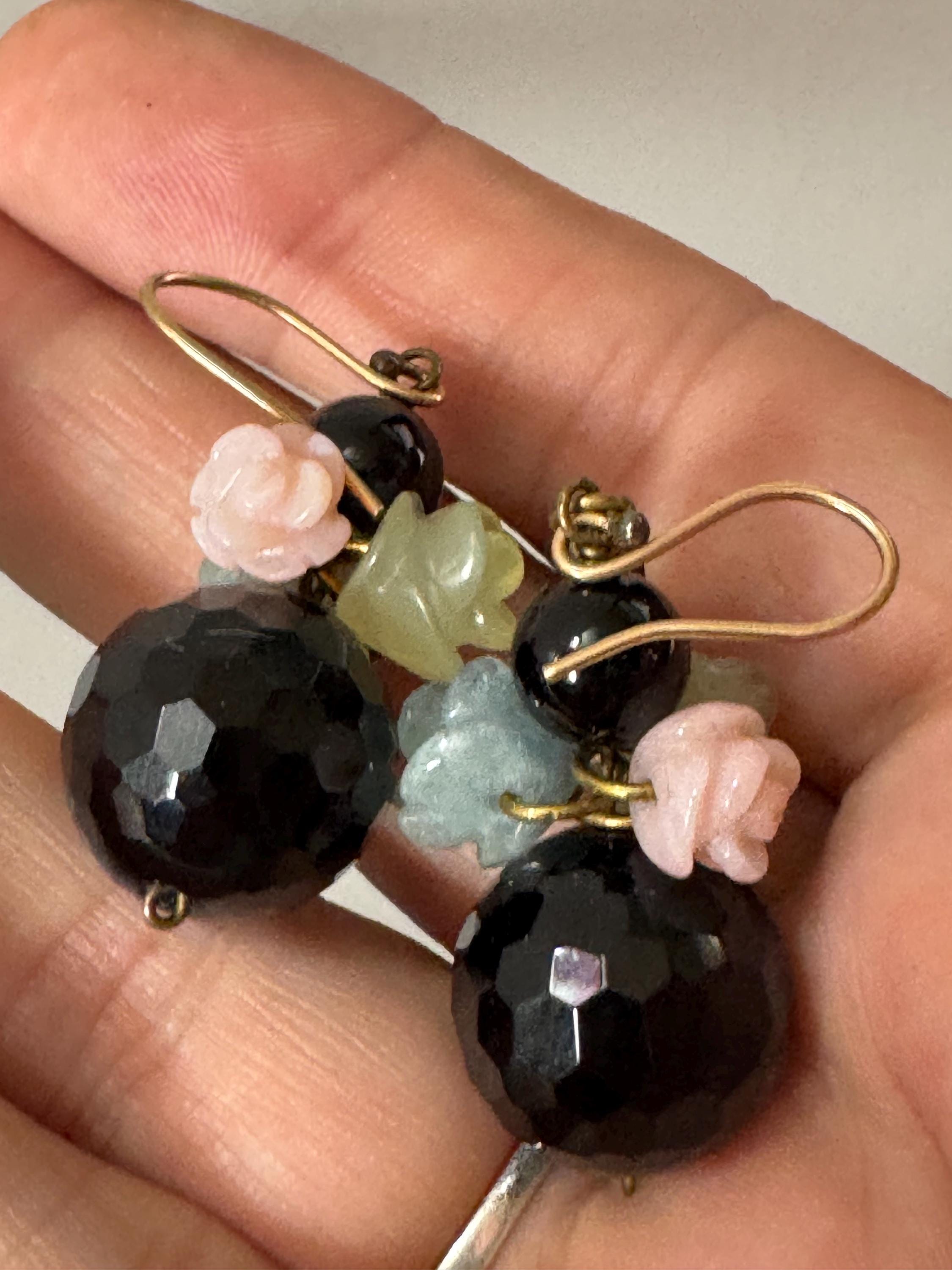 Signed Lotty K Black glass beaded pair dangly drop opaline carved floral pierced drop earrings