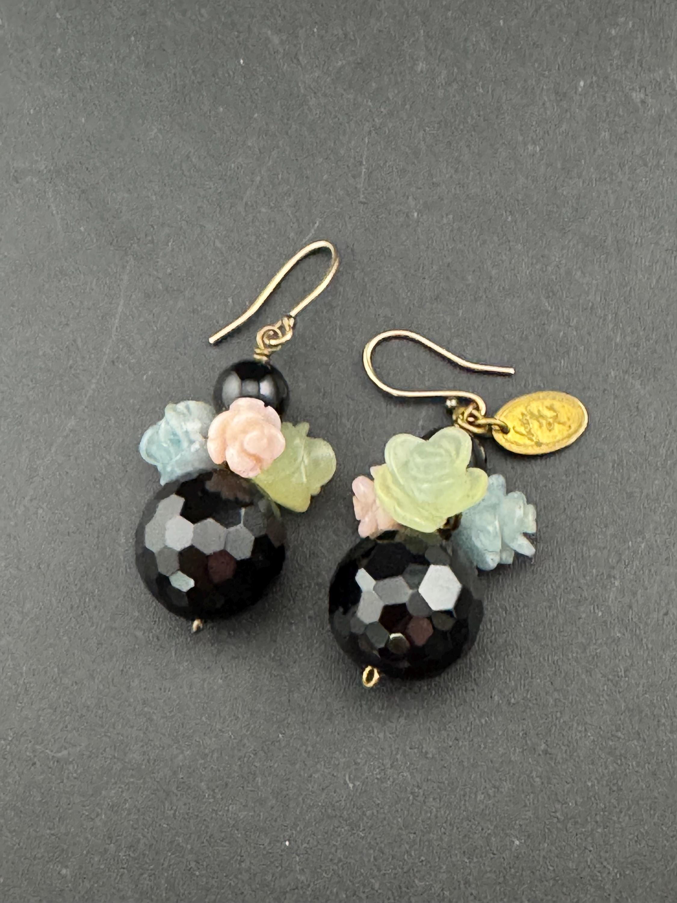 Signed Lotty K Black glass beaded pair dangly drop opaline carved floral pierced drop earrings