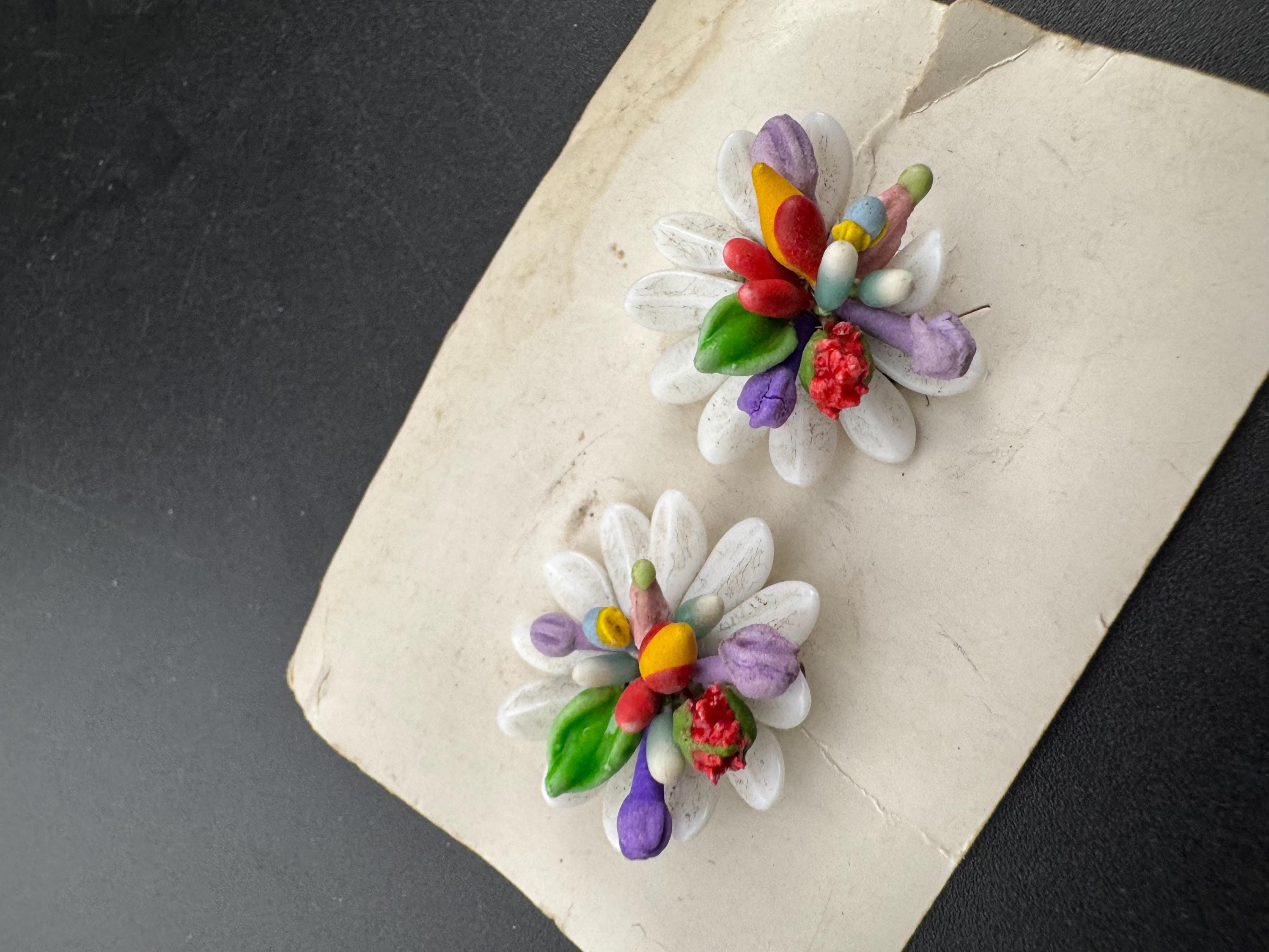 Vintage milk glass beaded spring flowers Cluster Clip On Earrings as found