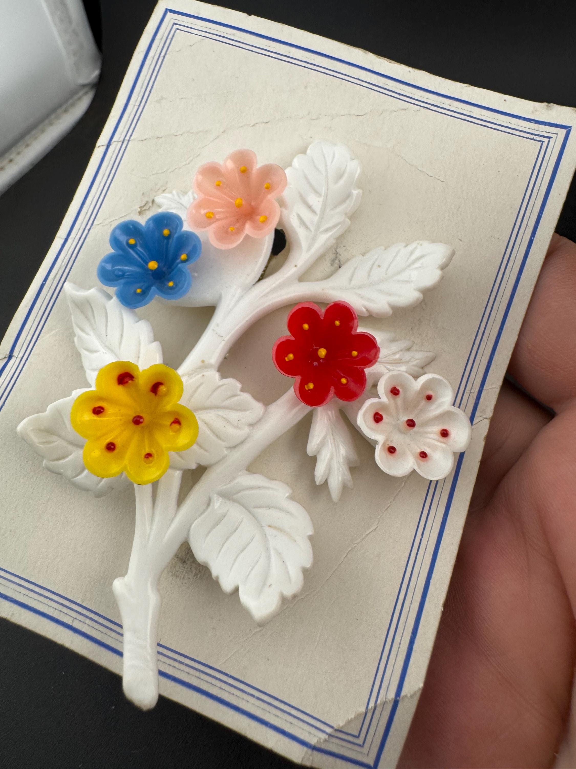 Vintage Celluloid Floral Brooch: 1930s-40s Plastic Flower Pin