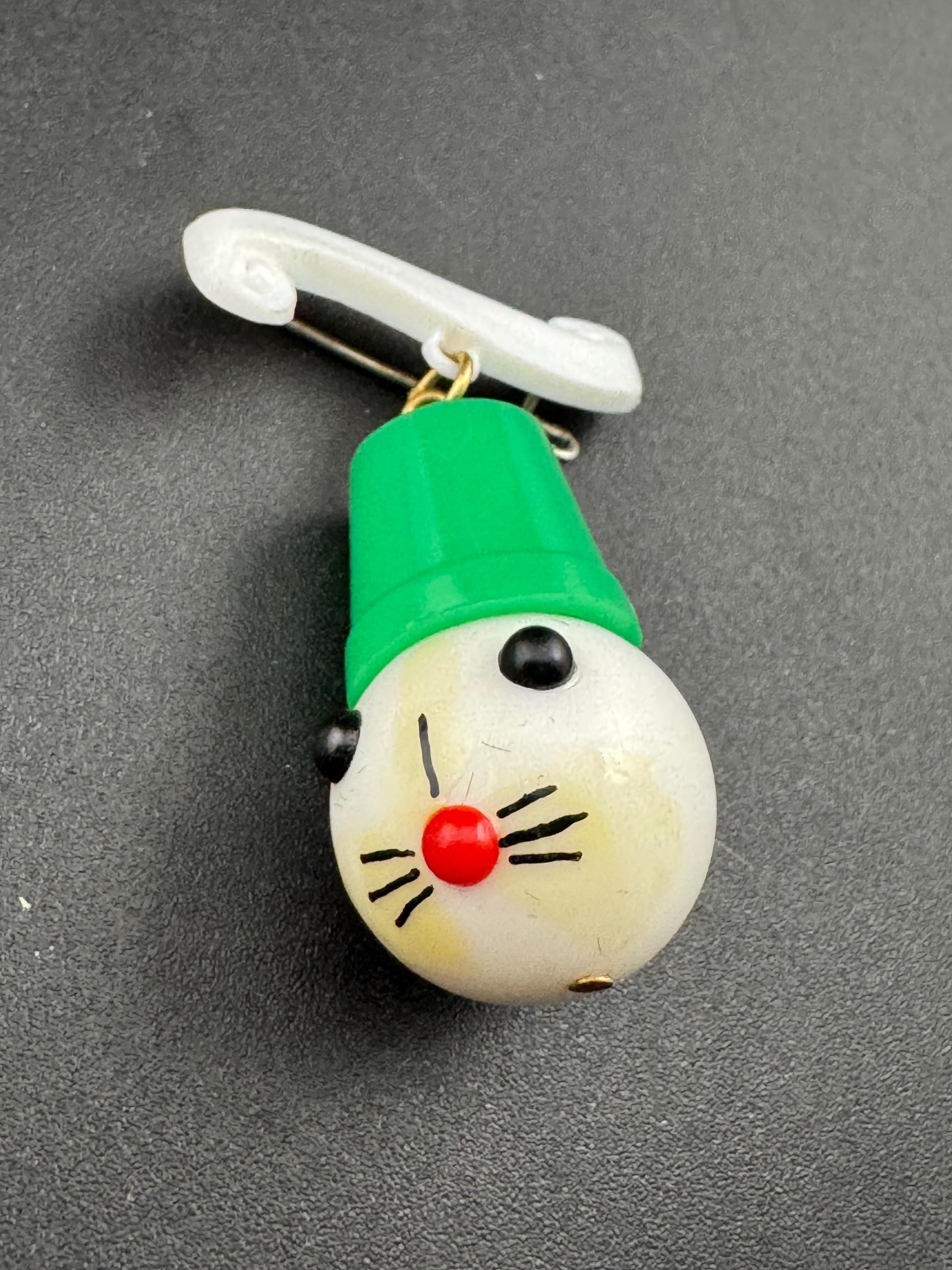 Vintage 1940s kitsch cute Early Plastic dangly rabbit or mouse in a green hat brooch