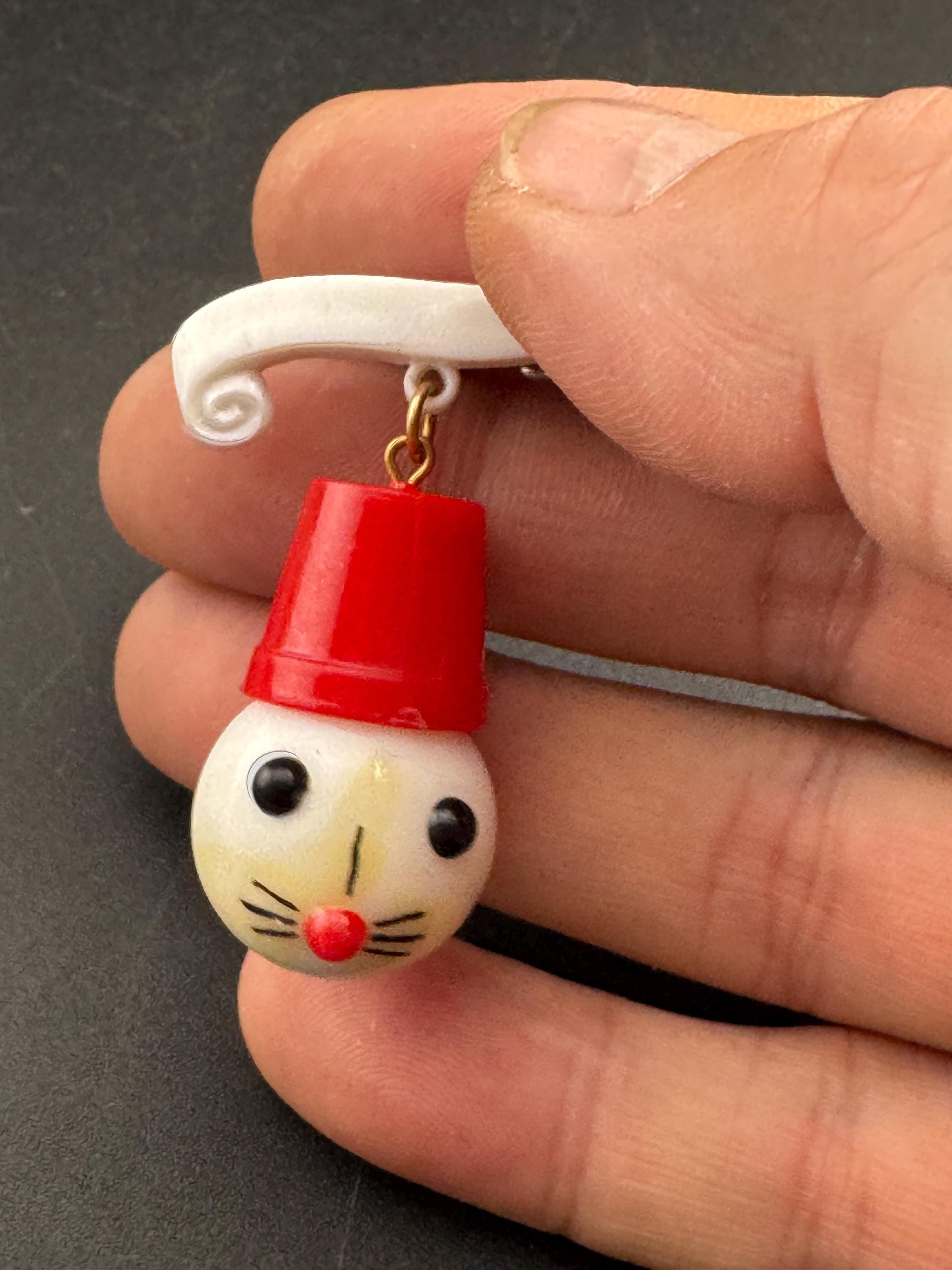 Vintage 1940s kitsch cute Early Plastic dangly rabbit or mouse in a red hat brooch
