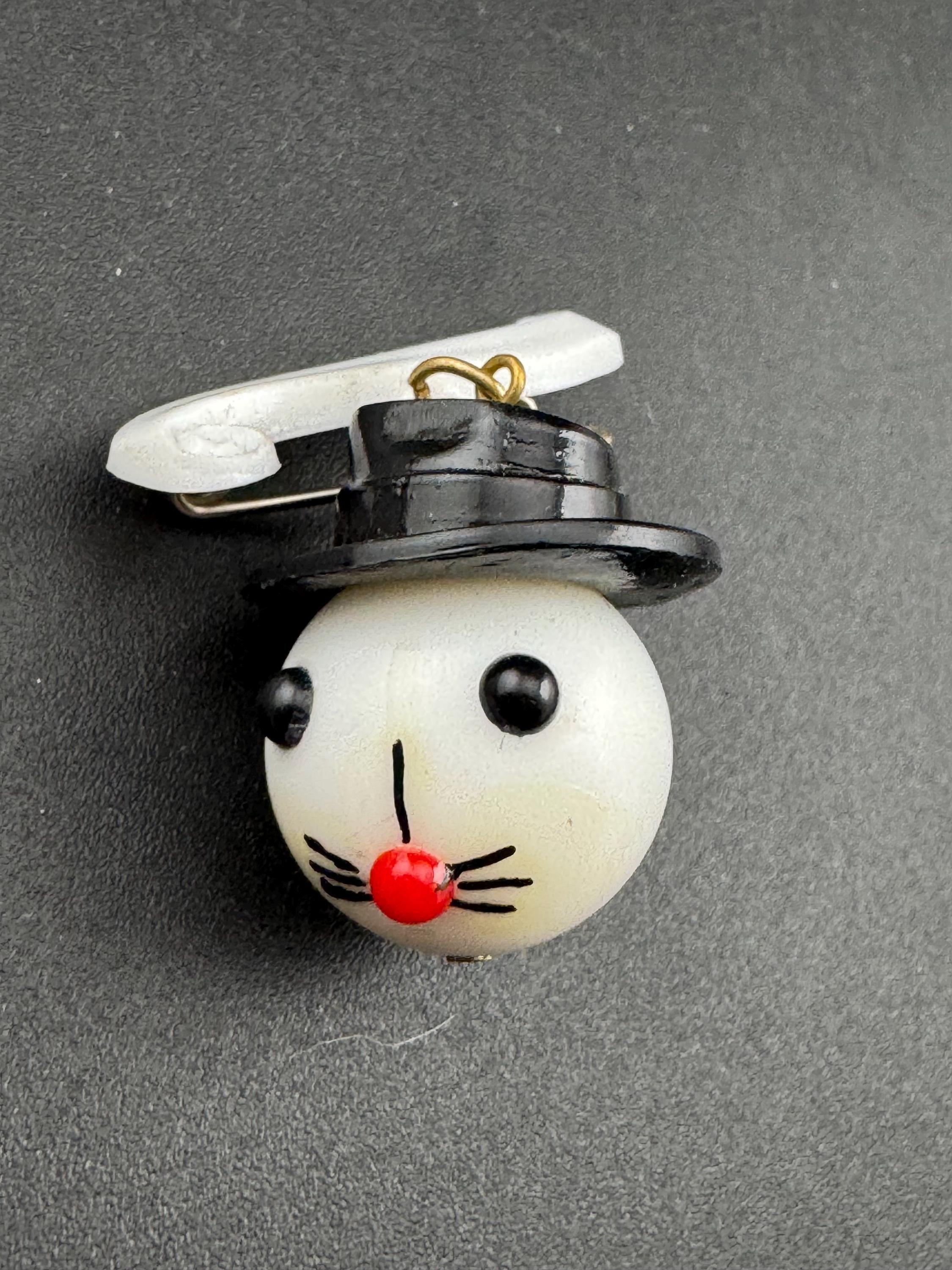 Vintage 1940s kitsch cute Early Plastic dangly rabbit or mouse in a black hat brooch
