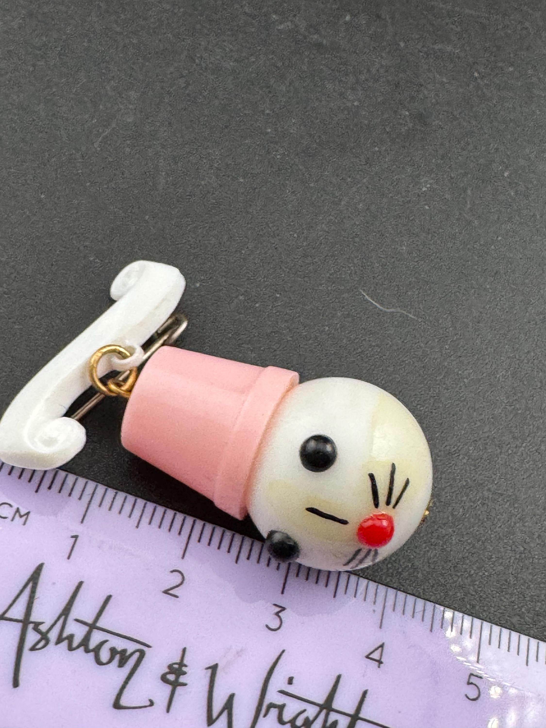 Vintage 1940s kitsch cute Early Plastic dangly cat rabbit or mouse in a pink hat brooch