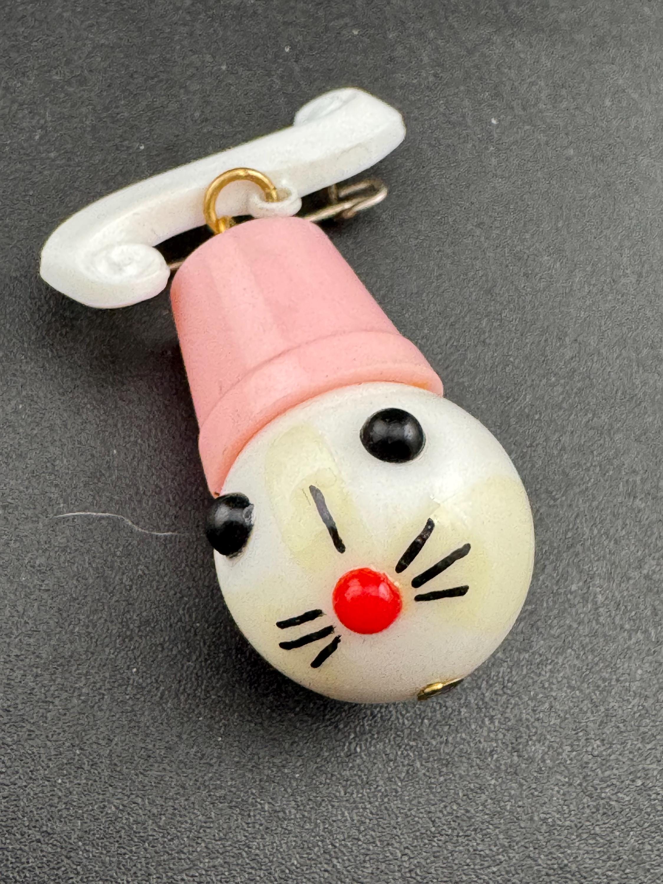 Vintage 1940s kitsch cute Early Plastic dangly cat rabbit or mouse in a pink hat brooch