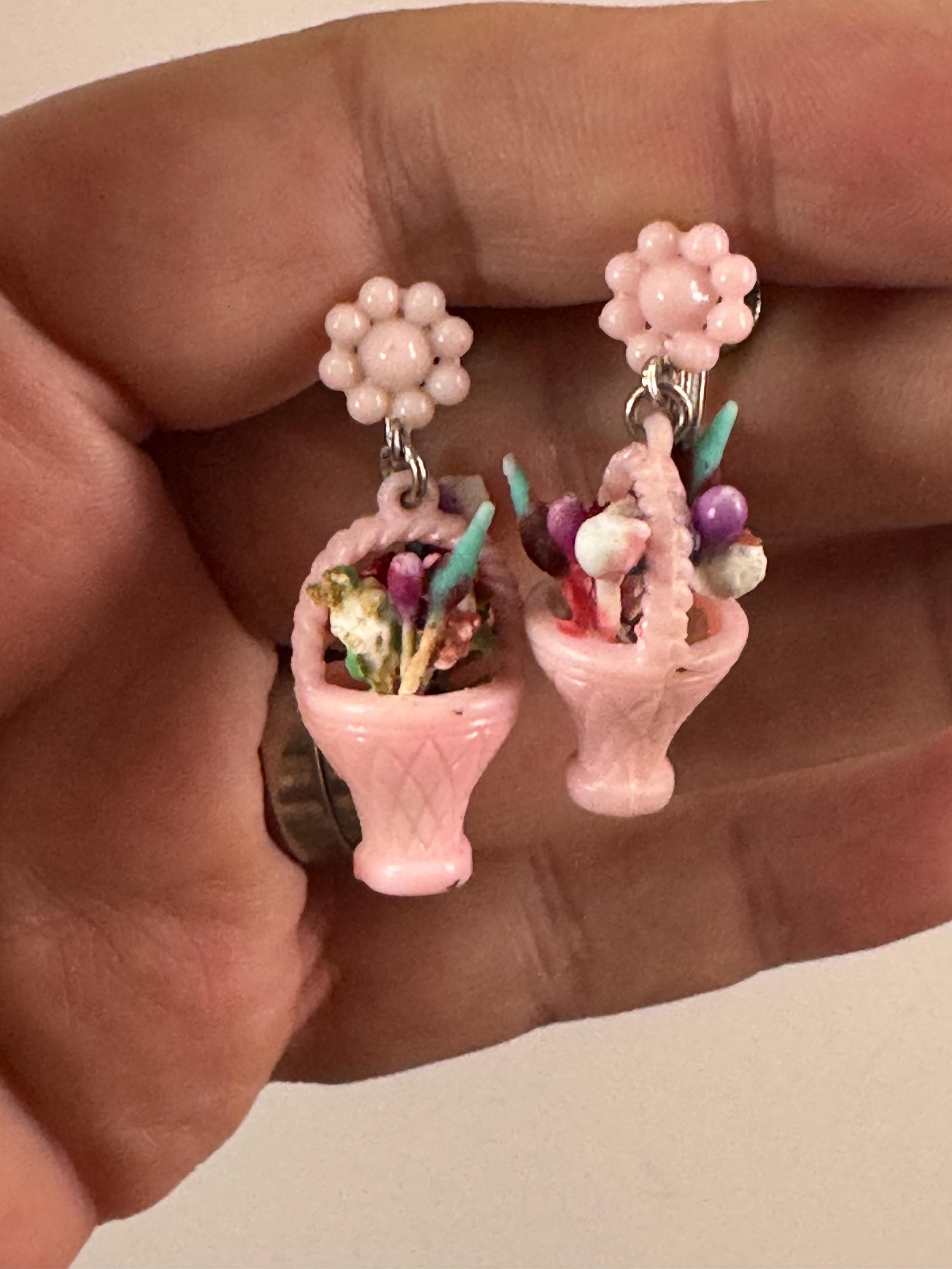 Super kitsch vintage pink plastic FRUIT flower Basket clip on drop earrings 1930s Art Deco