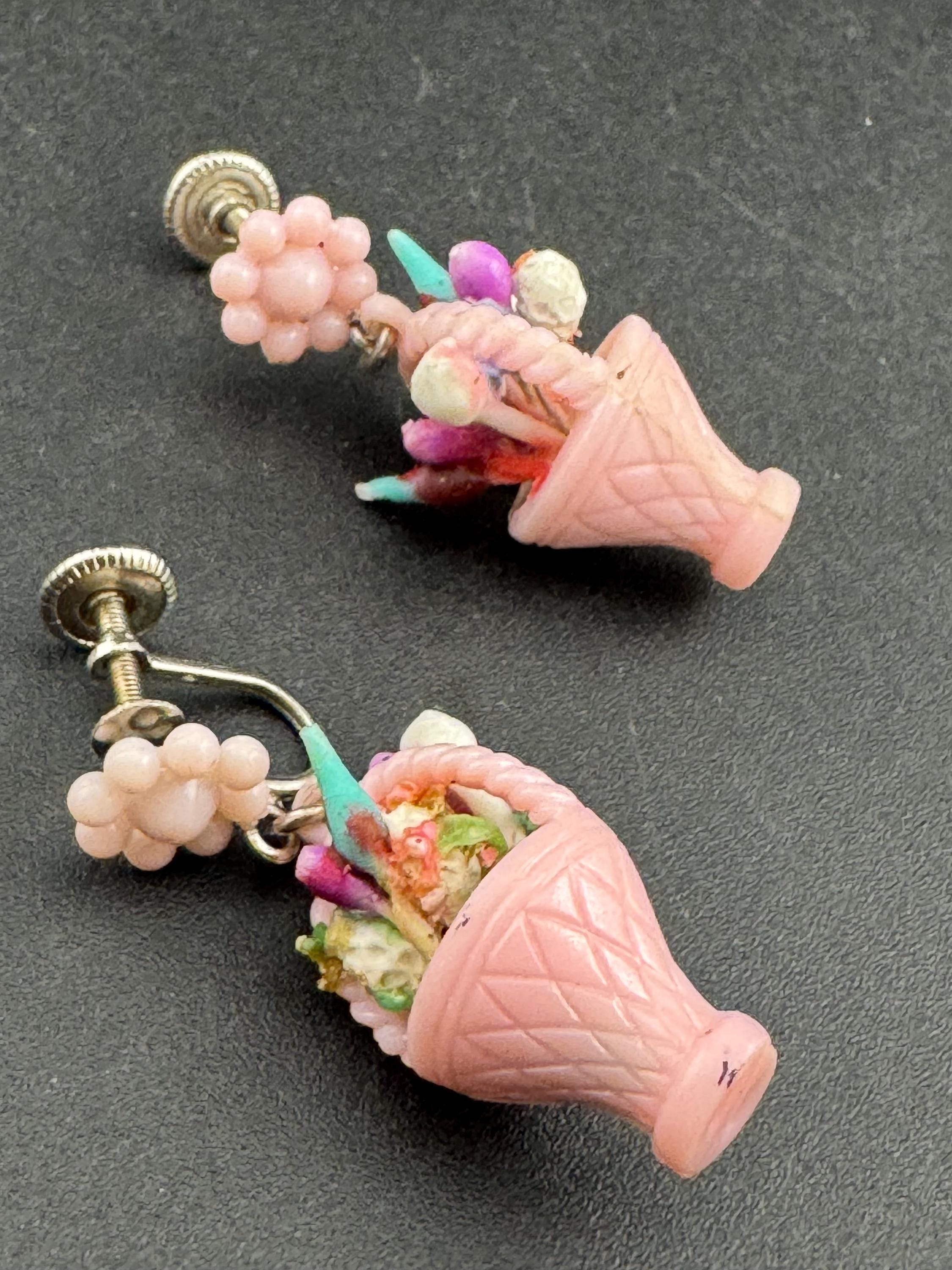Super kitsch vintage pink plastic FRUIT flower Basket clip on drop earrings 1930s Art Deco