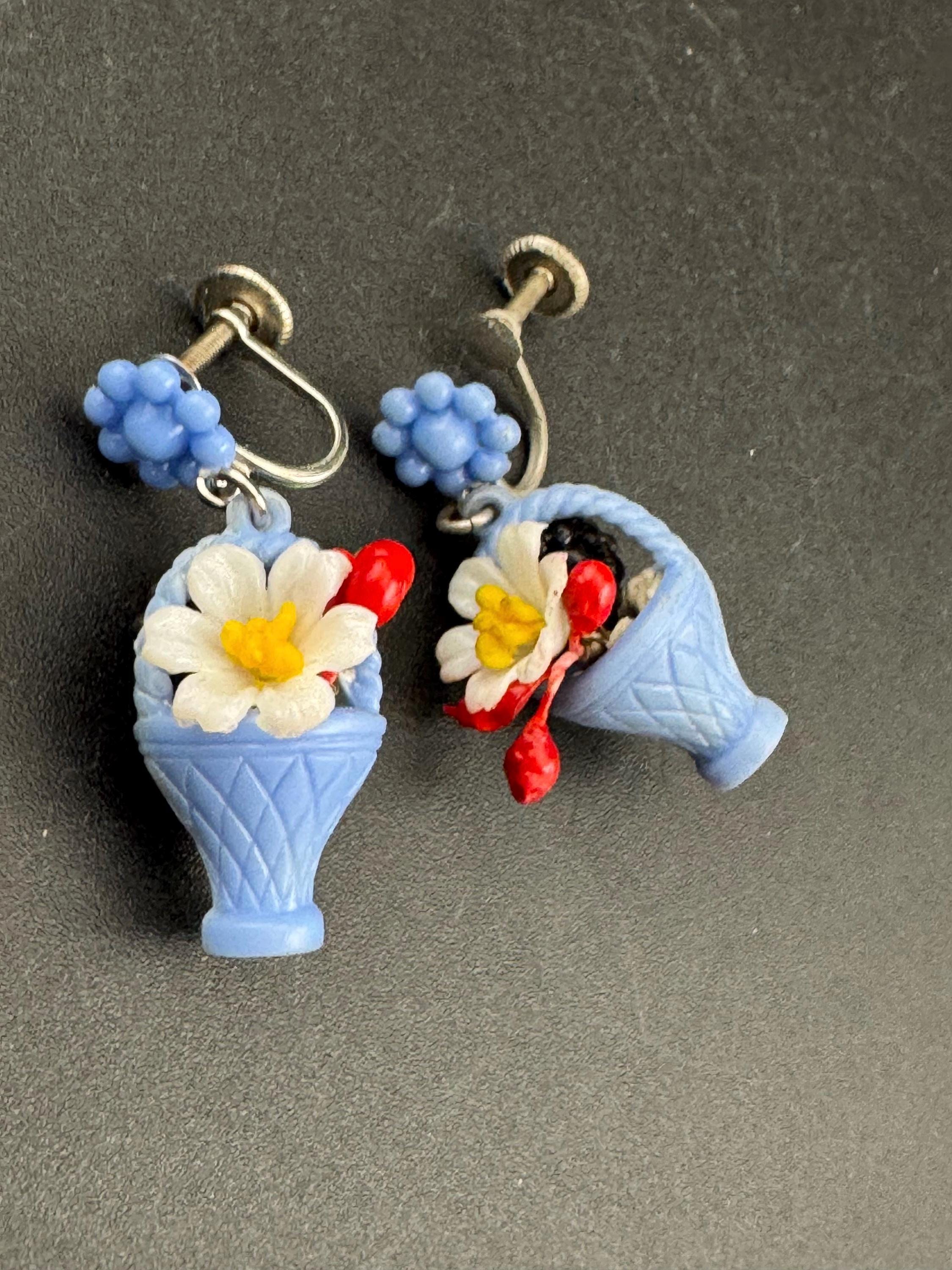 Super kitsch vintage blue plastic FRUIT flower Basket clip on drop earrings 1930s Art Deco