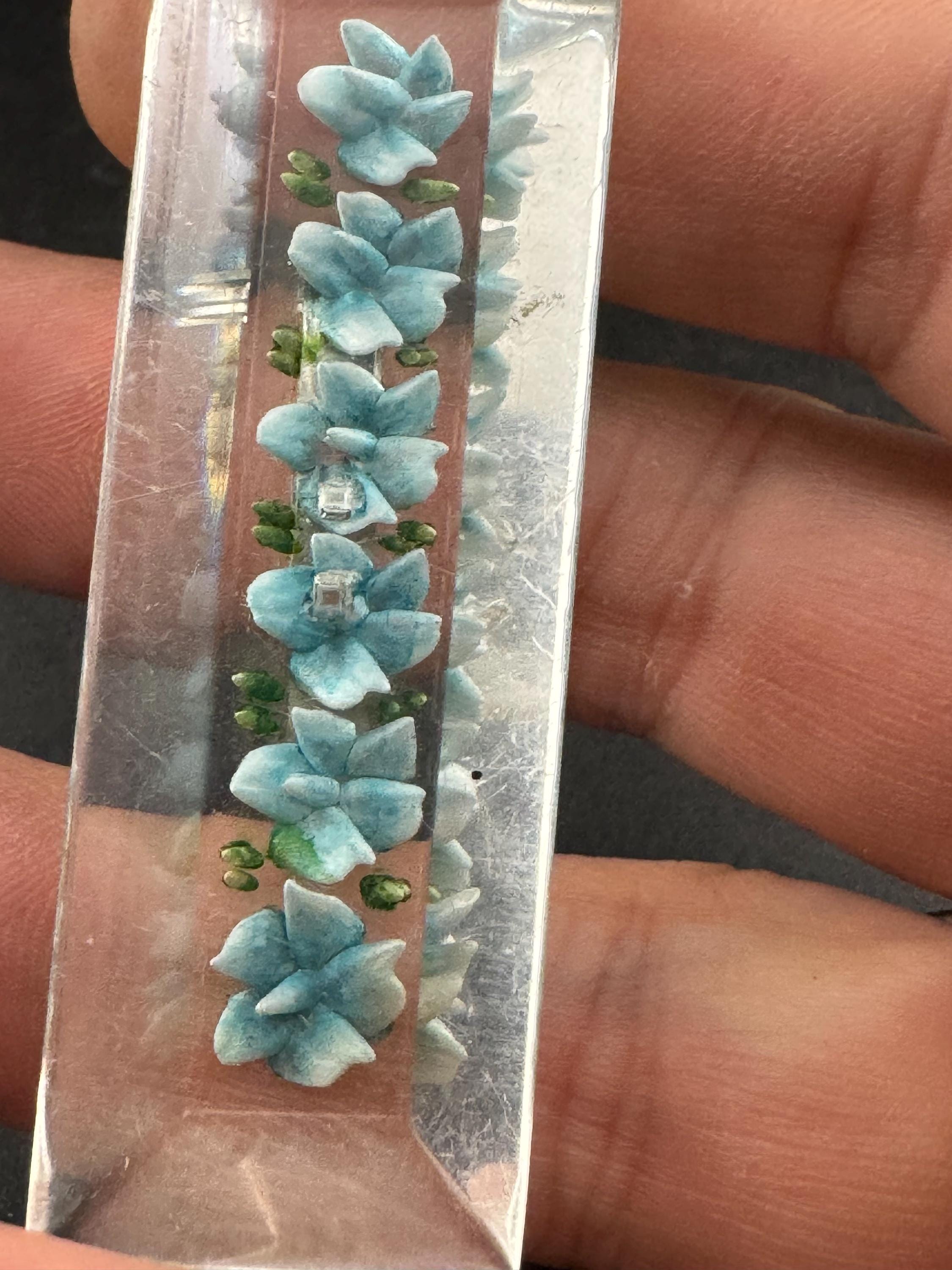 1940s lucite reverse carved blue floral flower brooch early plastic perspex