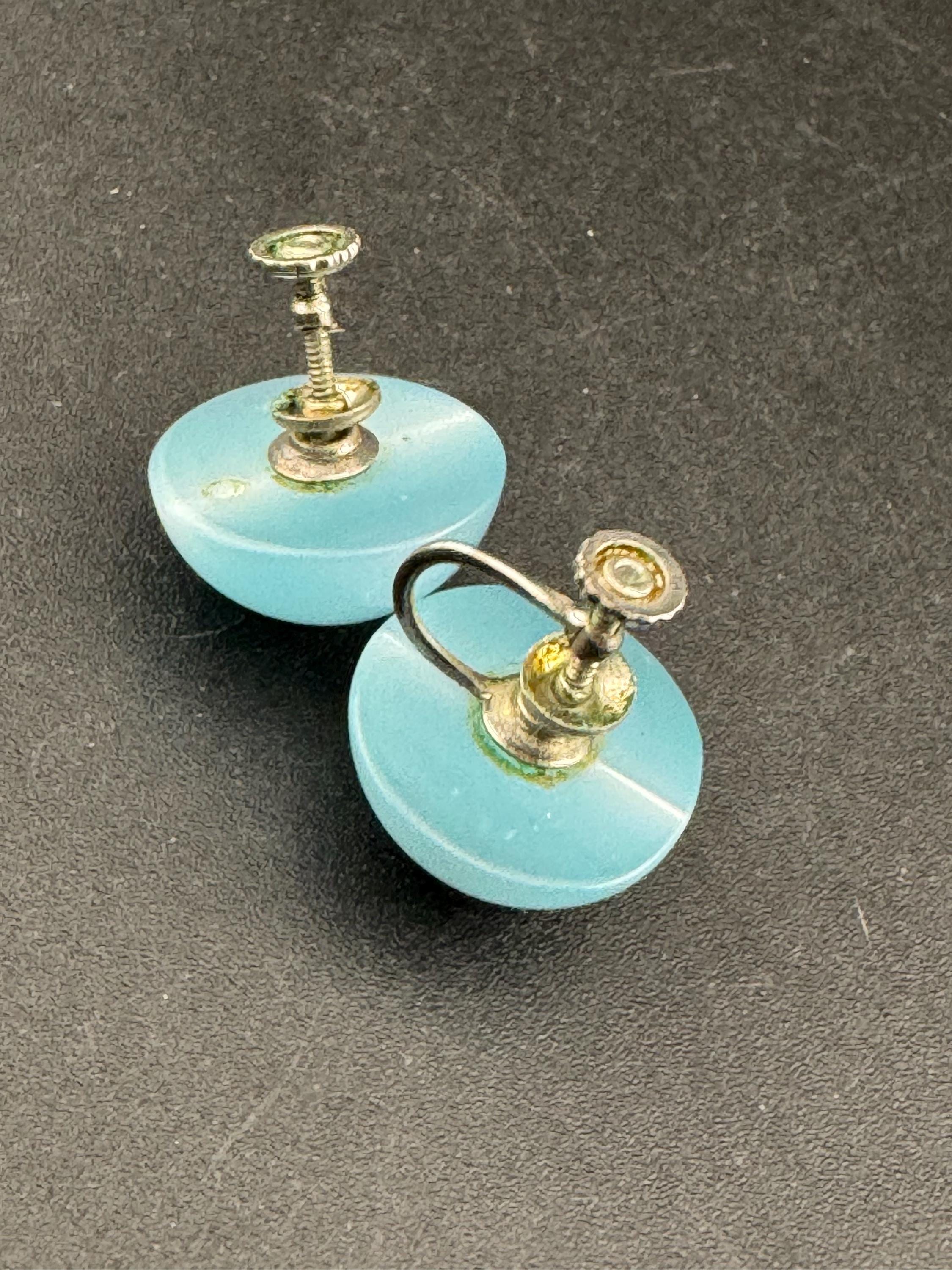 Vintage 2cm round light blue plastic button clip on stud earrings 1960s, screw back