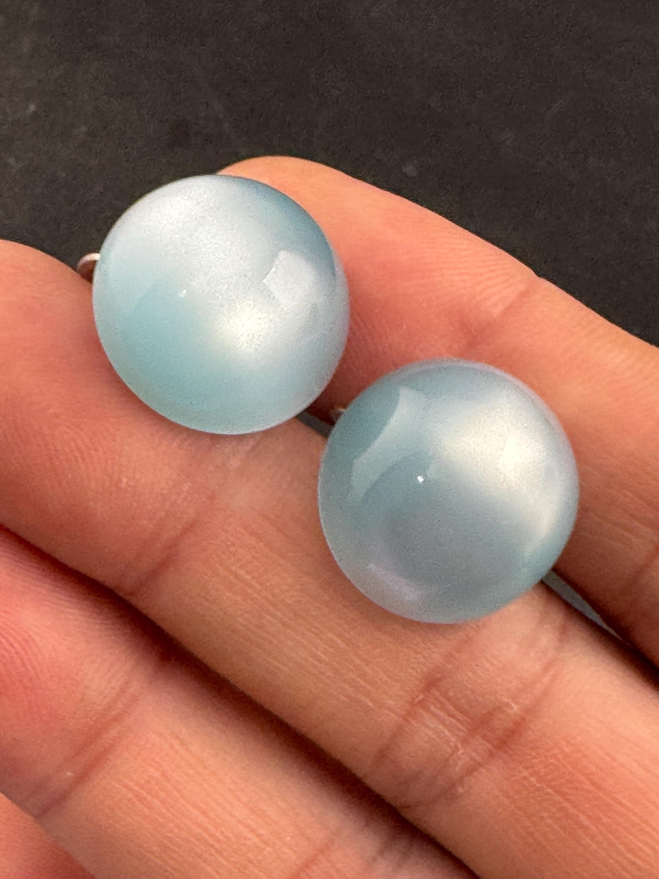 Vintage 2cm round light blue plastic button clip on stud earrings 1960s, screw back