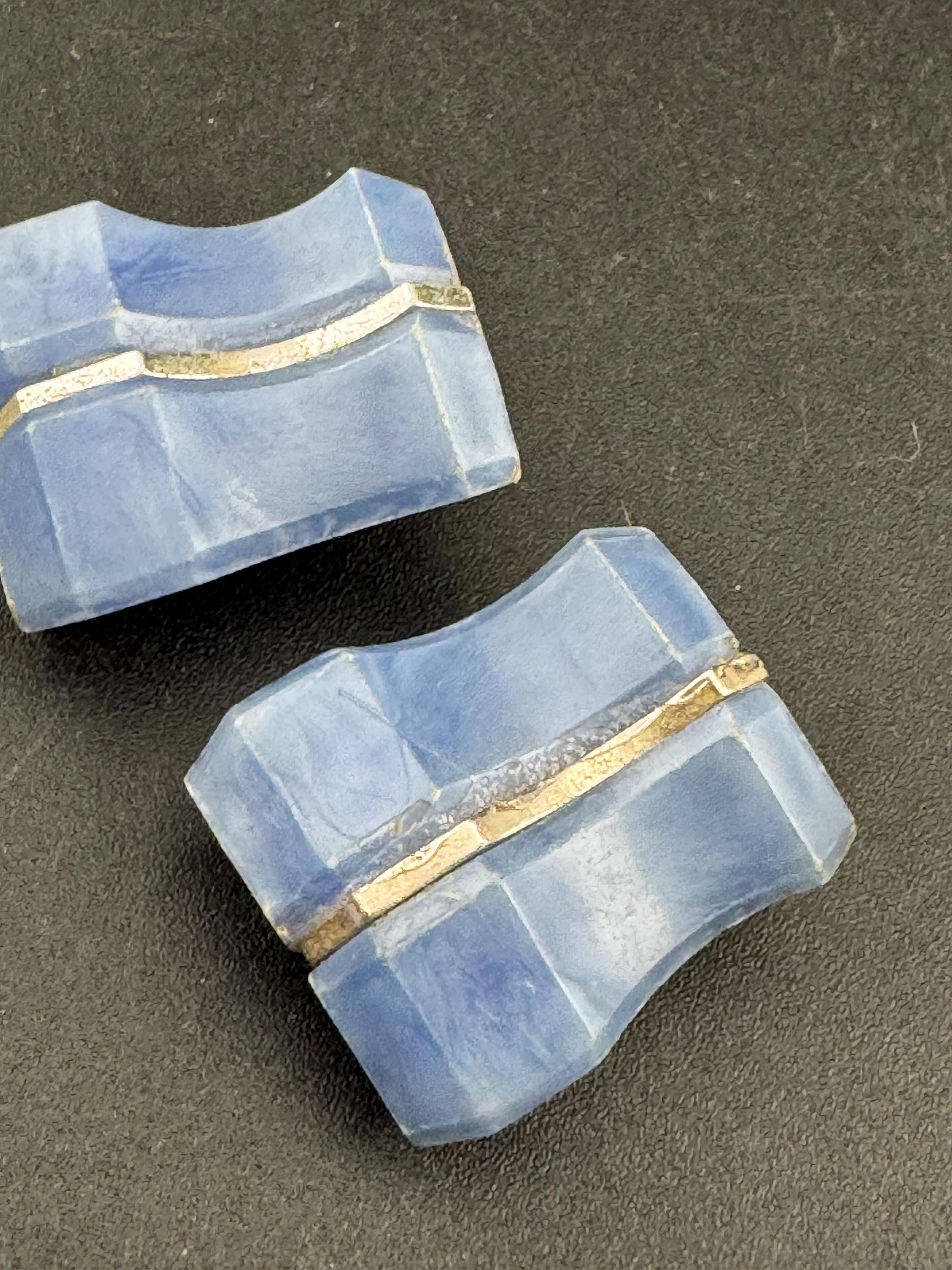Vintage 2.5cm rectangular light blue early plastic silver stripe clip on stud earrings 1950s