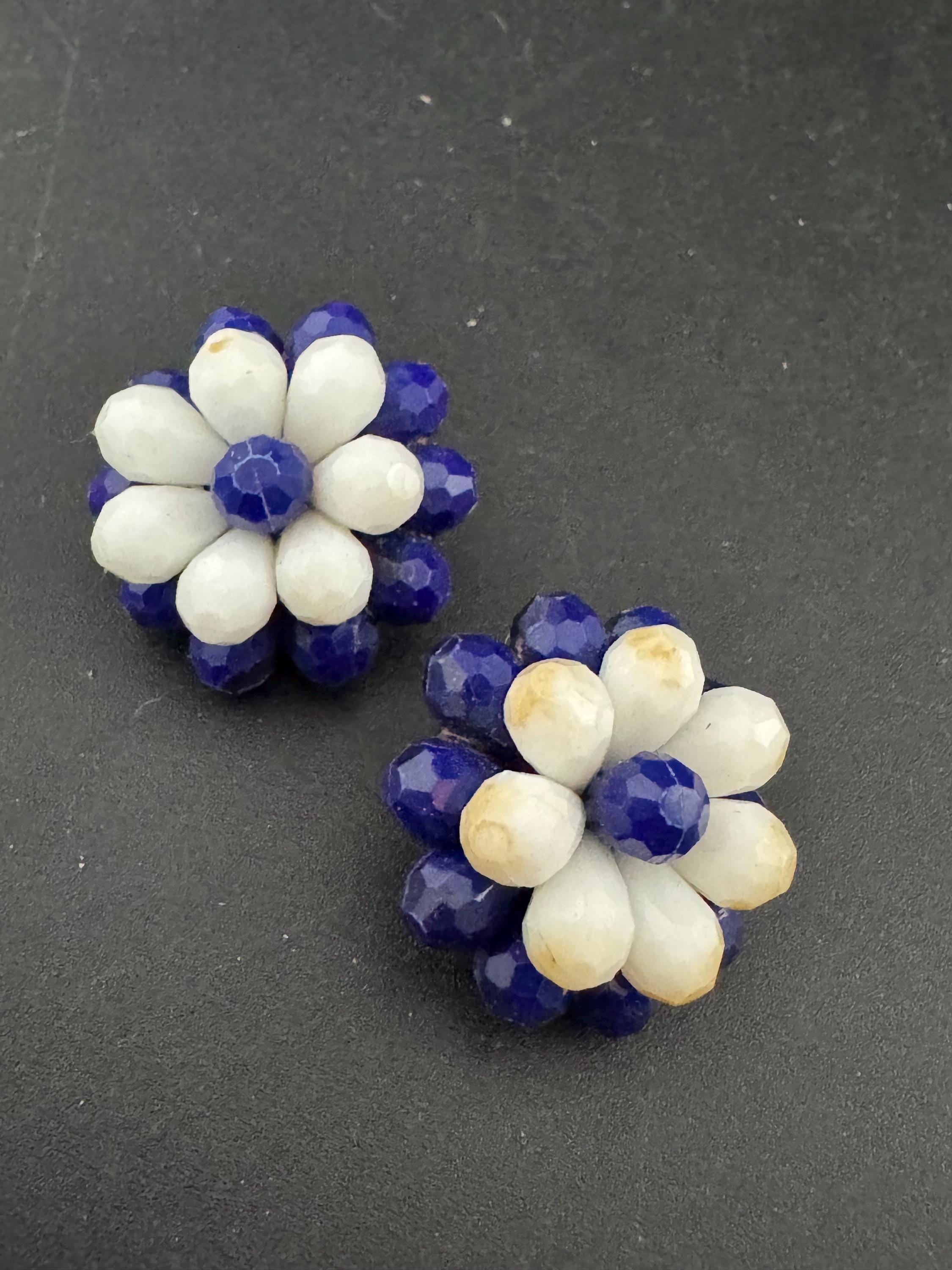 Vintage dark blue and white floral plastic beaded Cluster Clip On Earrings