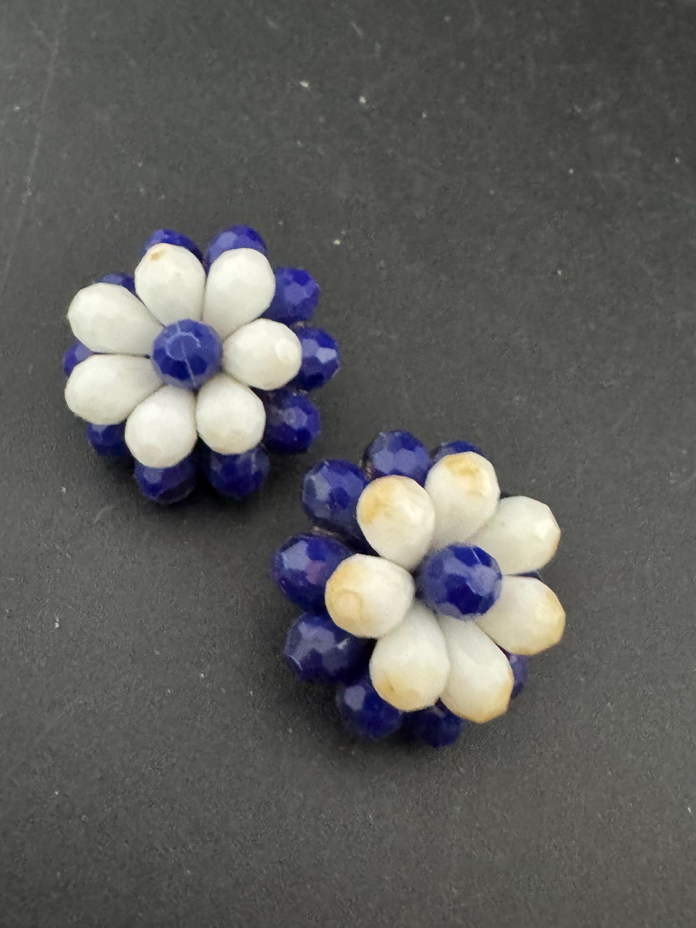 Vintage dark blue and white floral plastic beaded Cluster Clip On Earrings