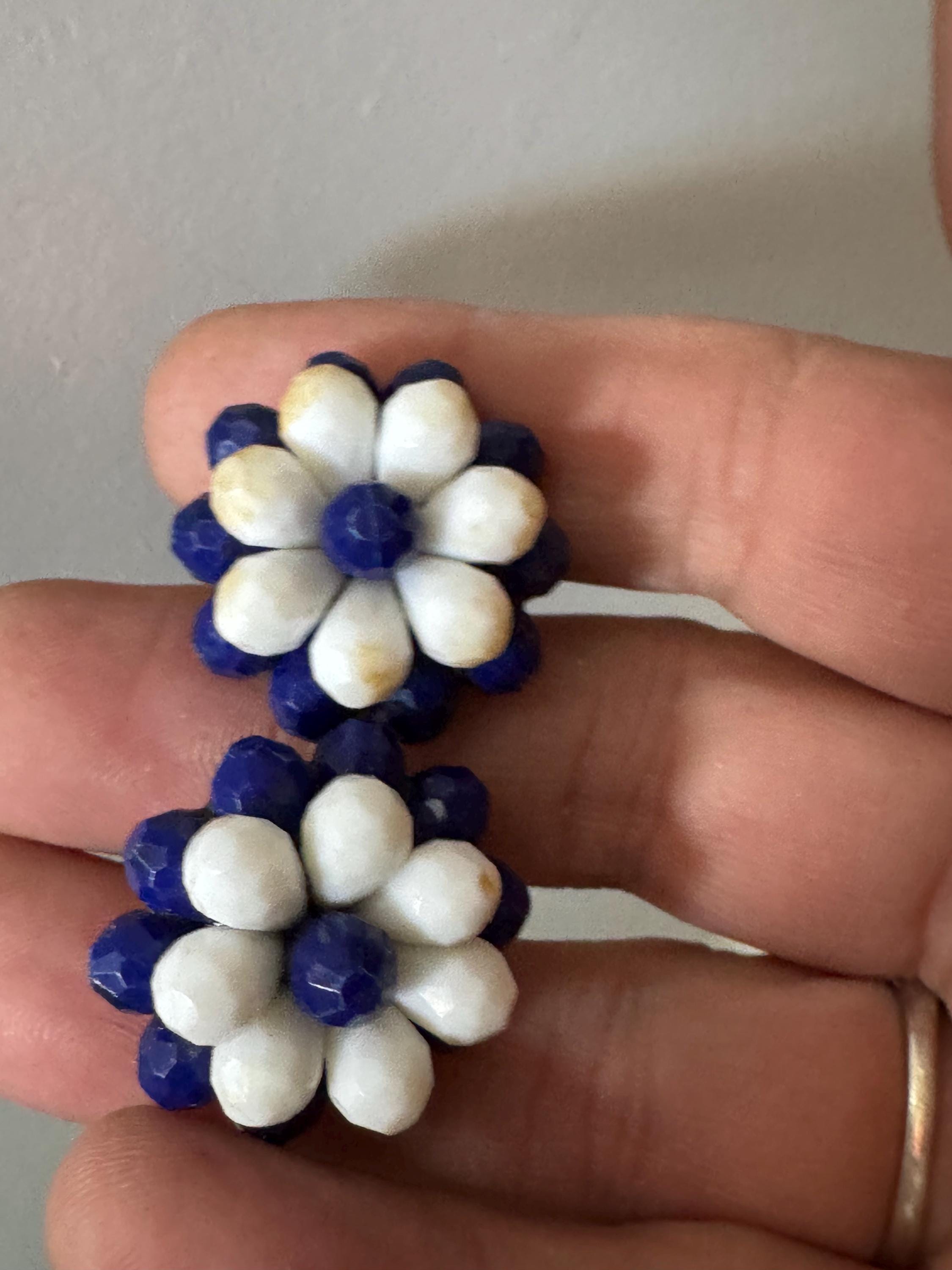 Vintage dark blue and white floral plastic beaded Cluster Clip On Earrings