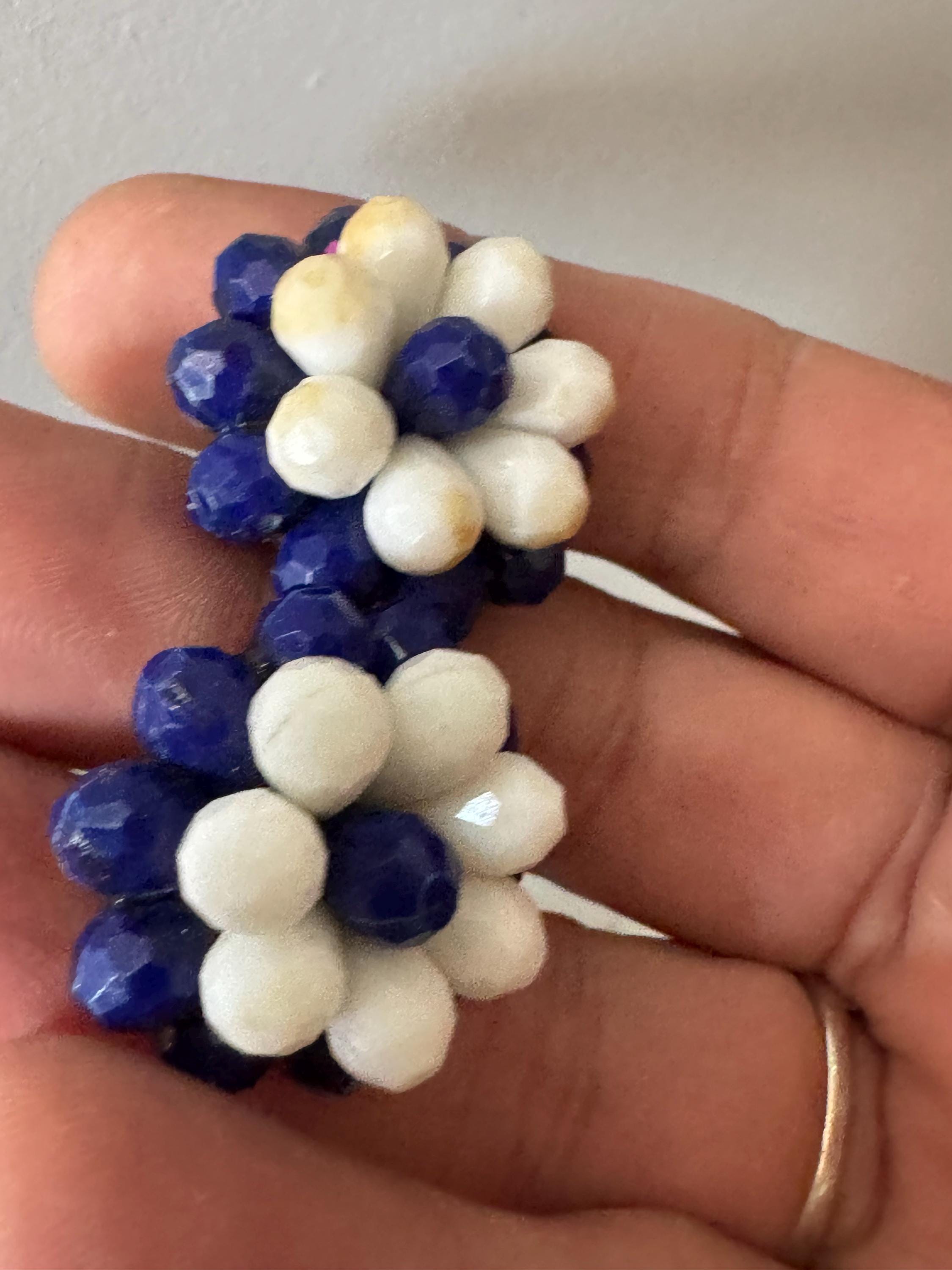 Vintage dark blue and white floral plastic beaded Cluster Clip On Earrings