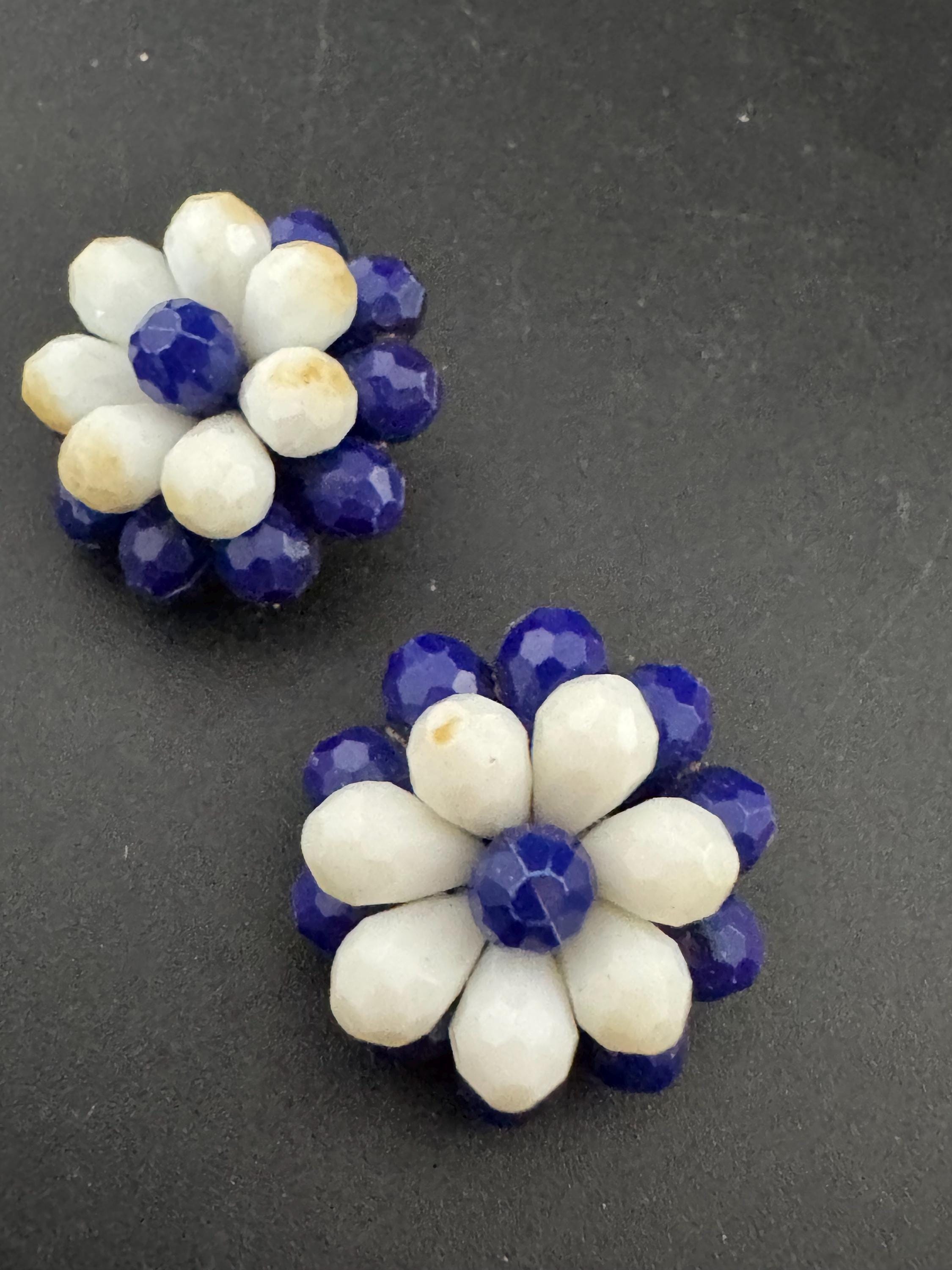 Vintage dark blue and white floral plastic beaded Cluster Clip On Earrings