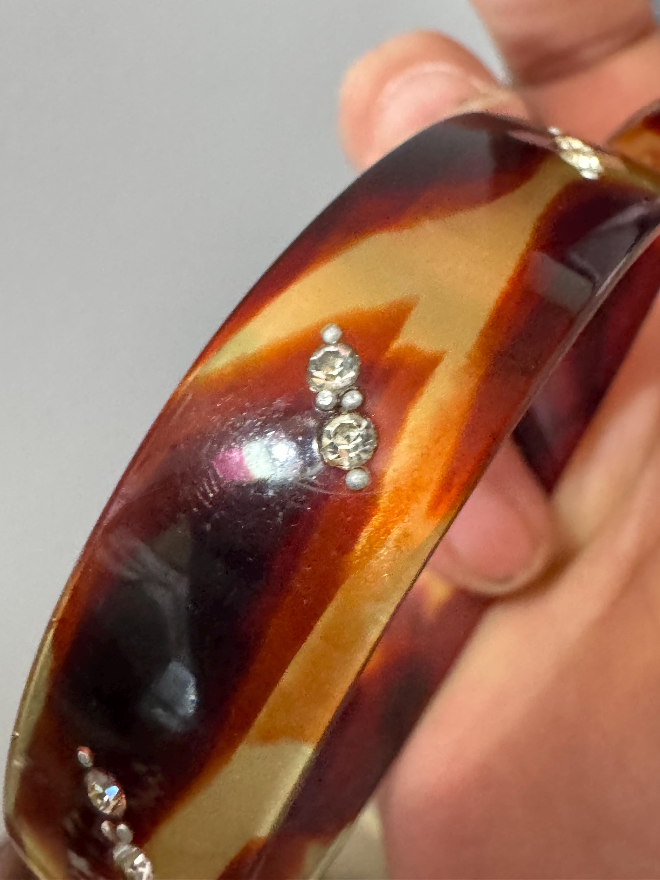 Art Deco Galalith Bangle Bracelet: Faux Tortoiseshell Celluloid, Paste Stones