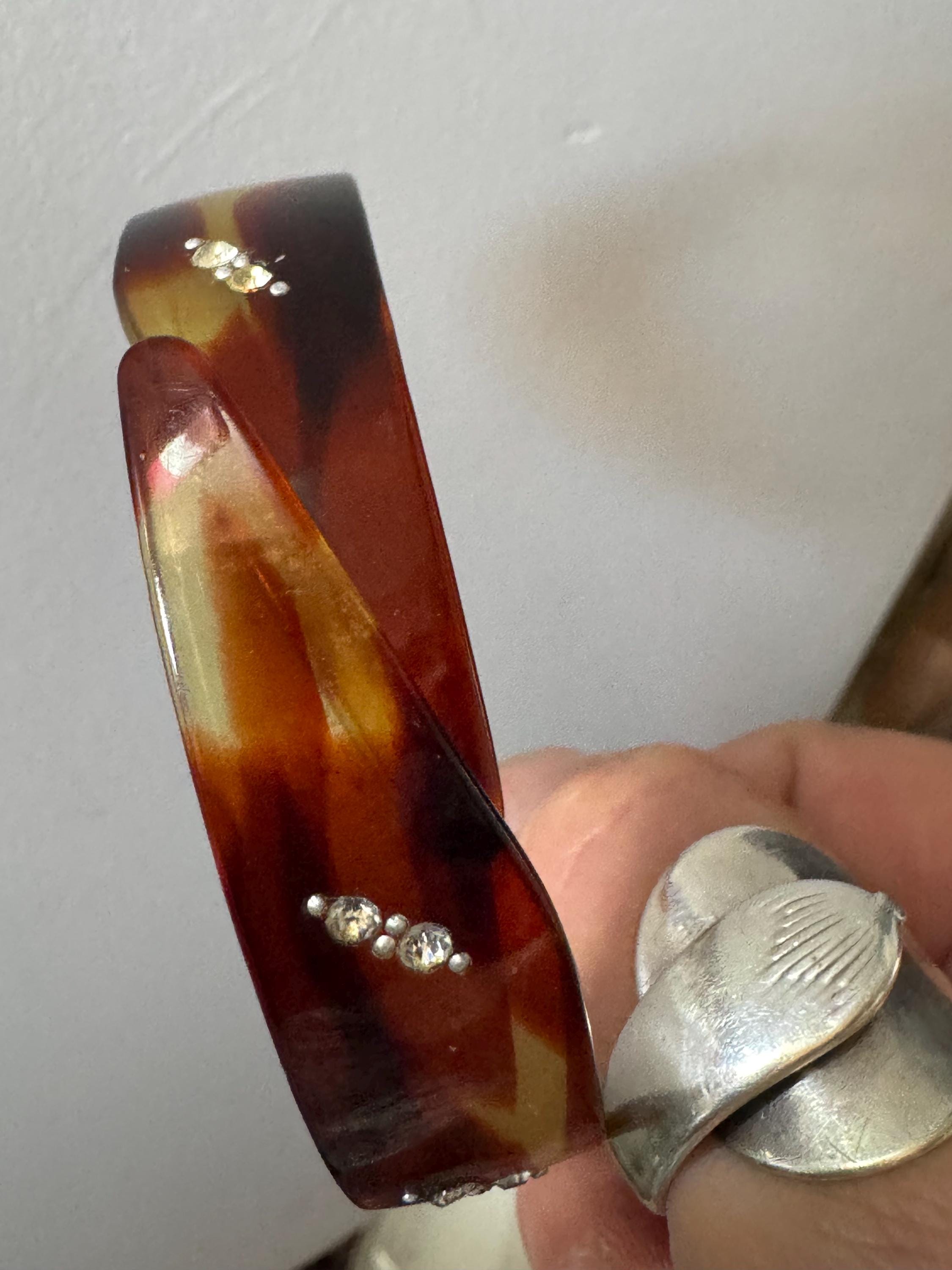 Art Deco Galalith Bangle Bracelet: Faux Tortoiseshell Celluloid, Paste Stones