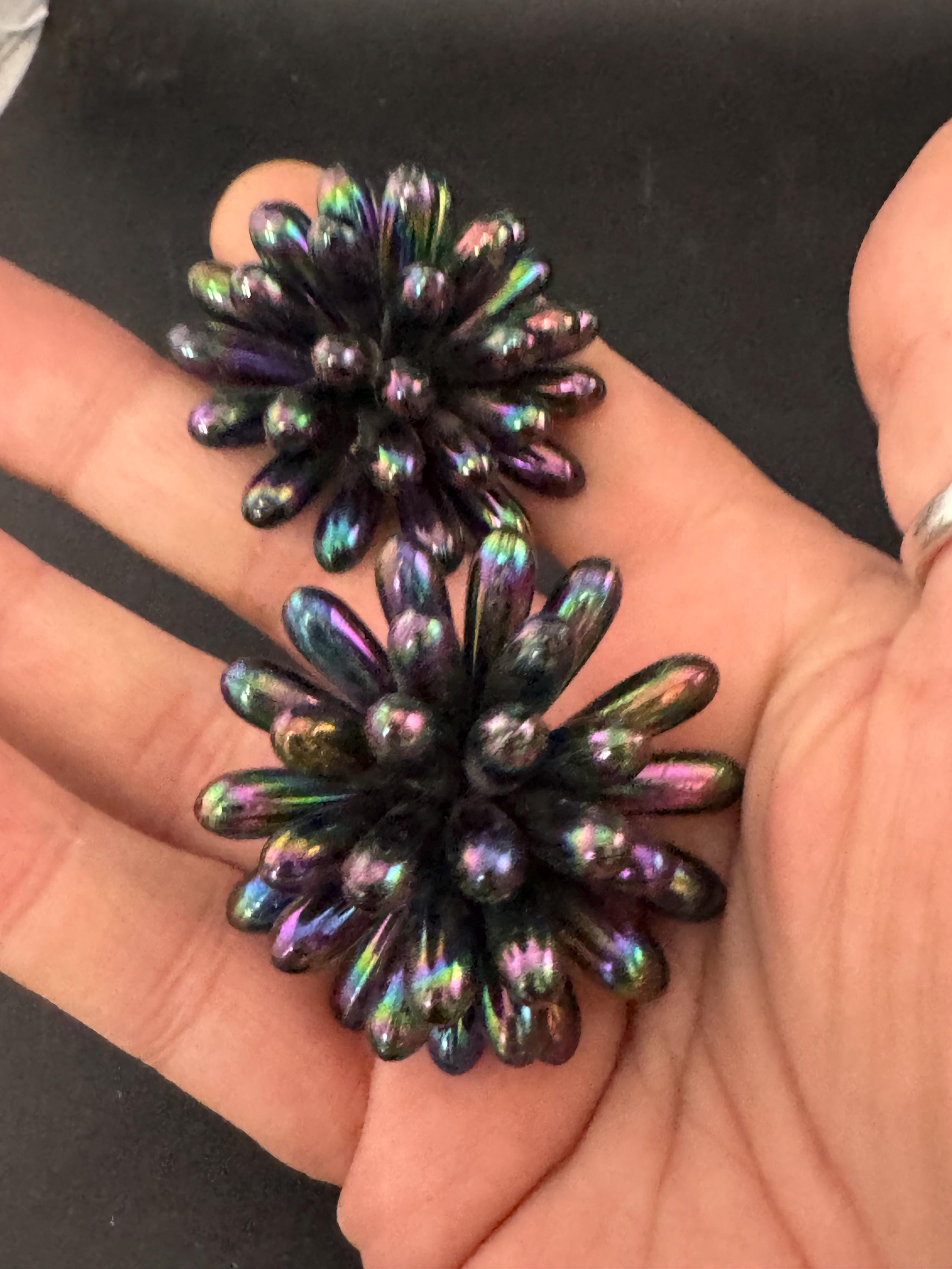 Oversized 4cm black rainbow lustre plastic cluster beaded round domed Clip On Earrings Vintage