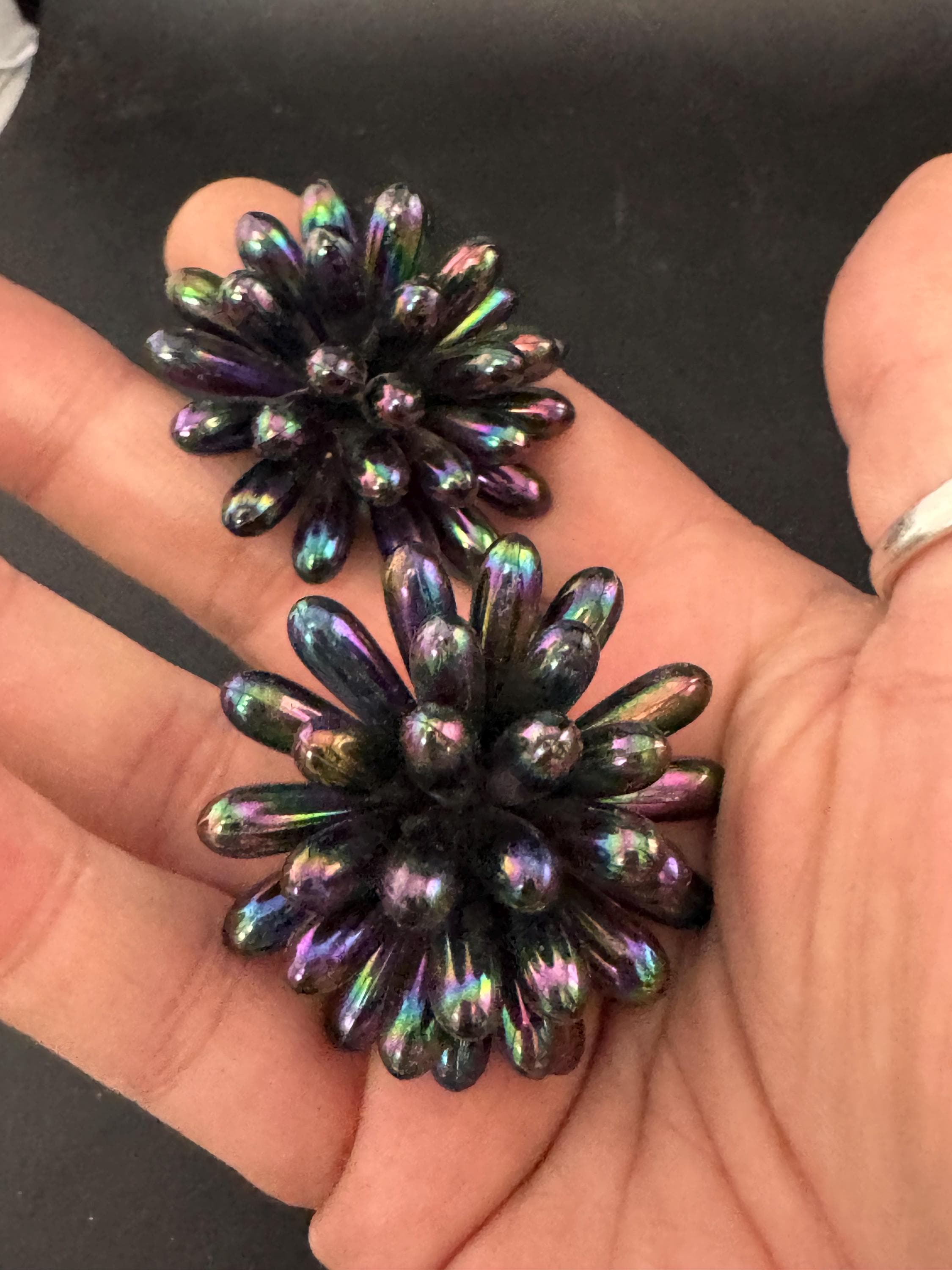 Oversized 4cm black rainbow lustre plastic cluster beaded round domed Clip On Earrings Vintage