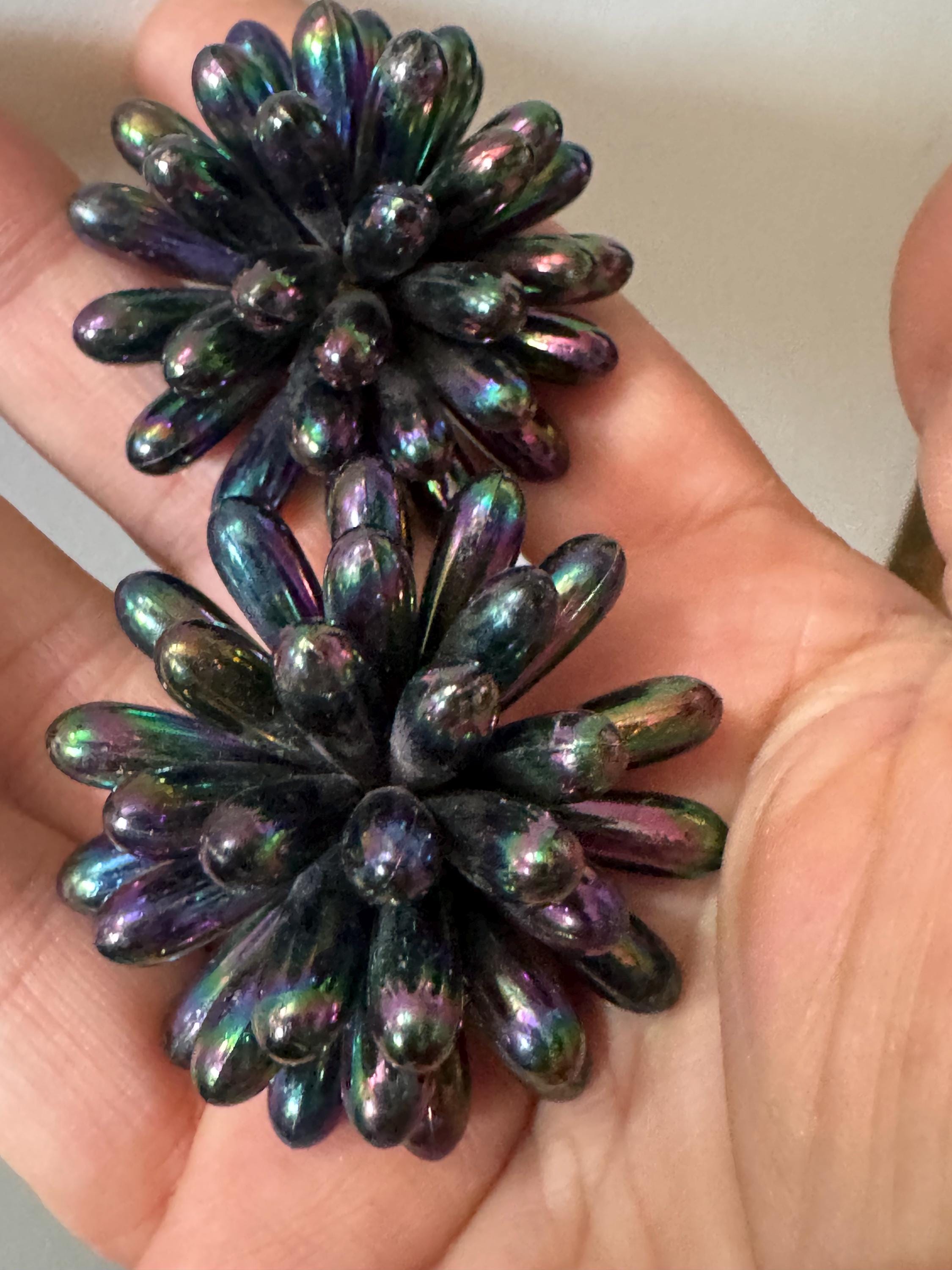 Oversized 4cm black rainbow lustre plastic cluster beaded round domed Clip On Earrings Vintage