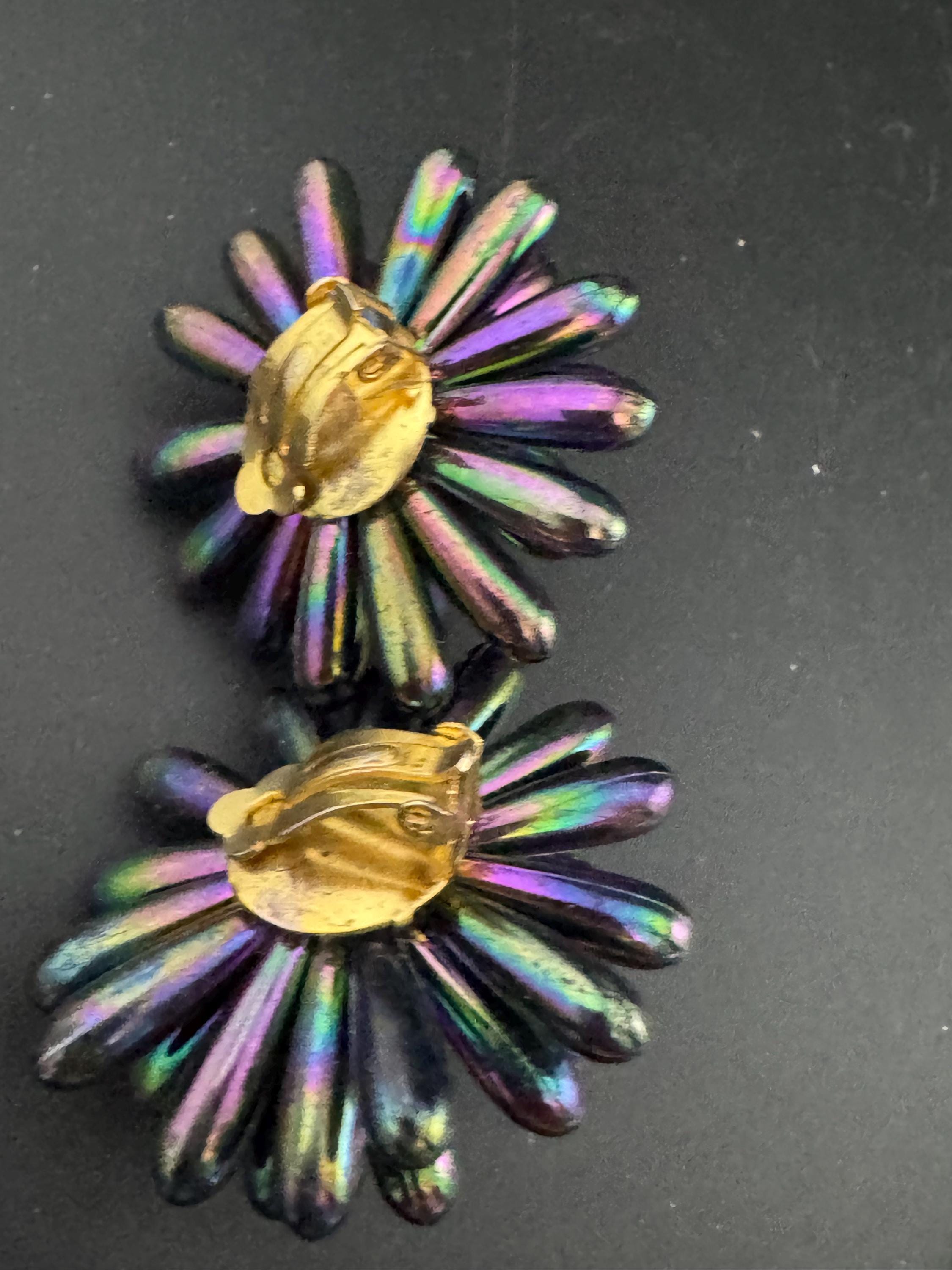 Oversized 4cm black rainbow lustre plastic cluster beaded round domed Clip On Earrings Vintage
