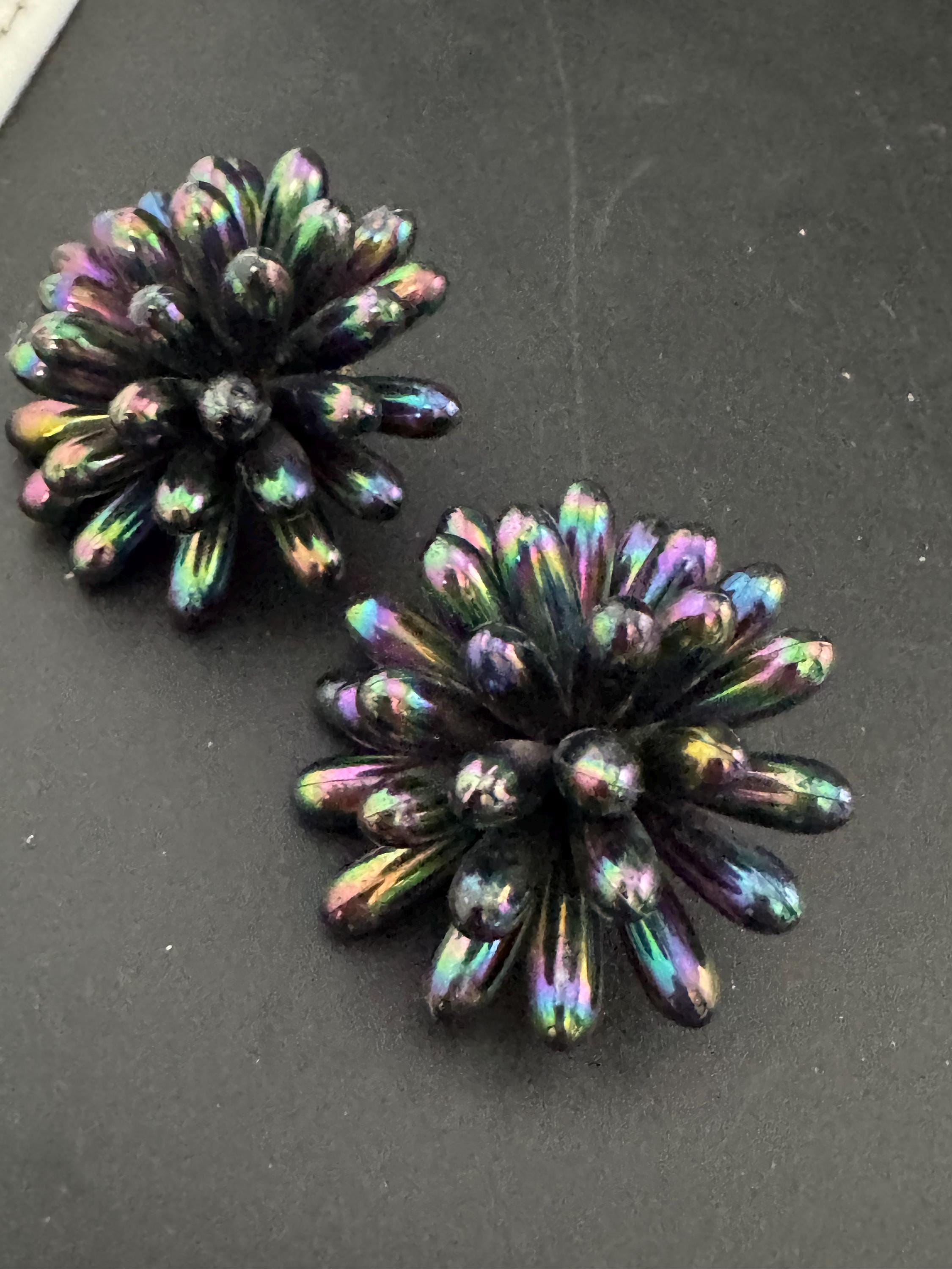Oversized 4cm black rainbow lustre plastic cluster beaded round domed Clip On Earrings Vintage