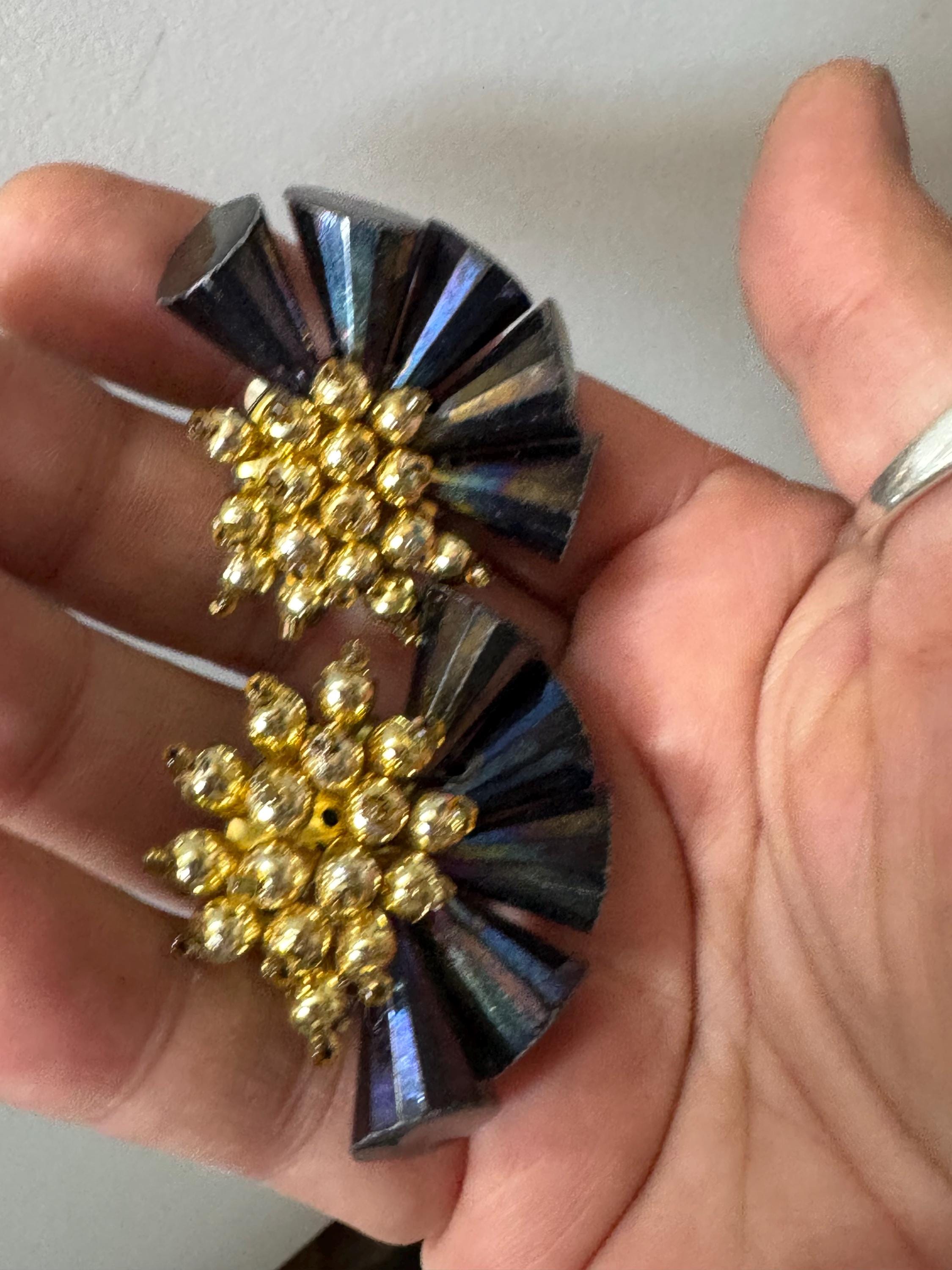 Oversized 4cm black gold plastic cluster beaded round domed Clip On Earrings Vintage