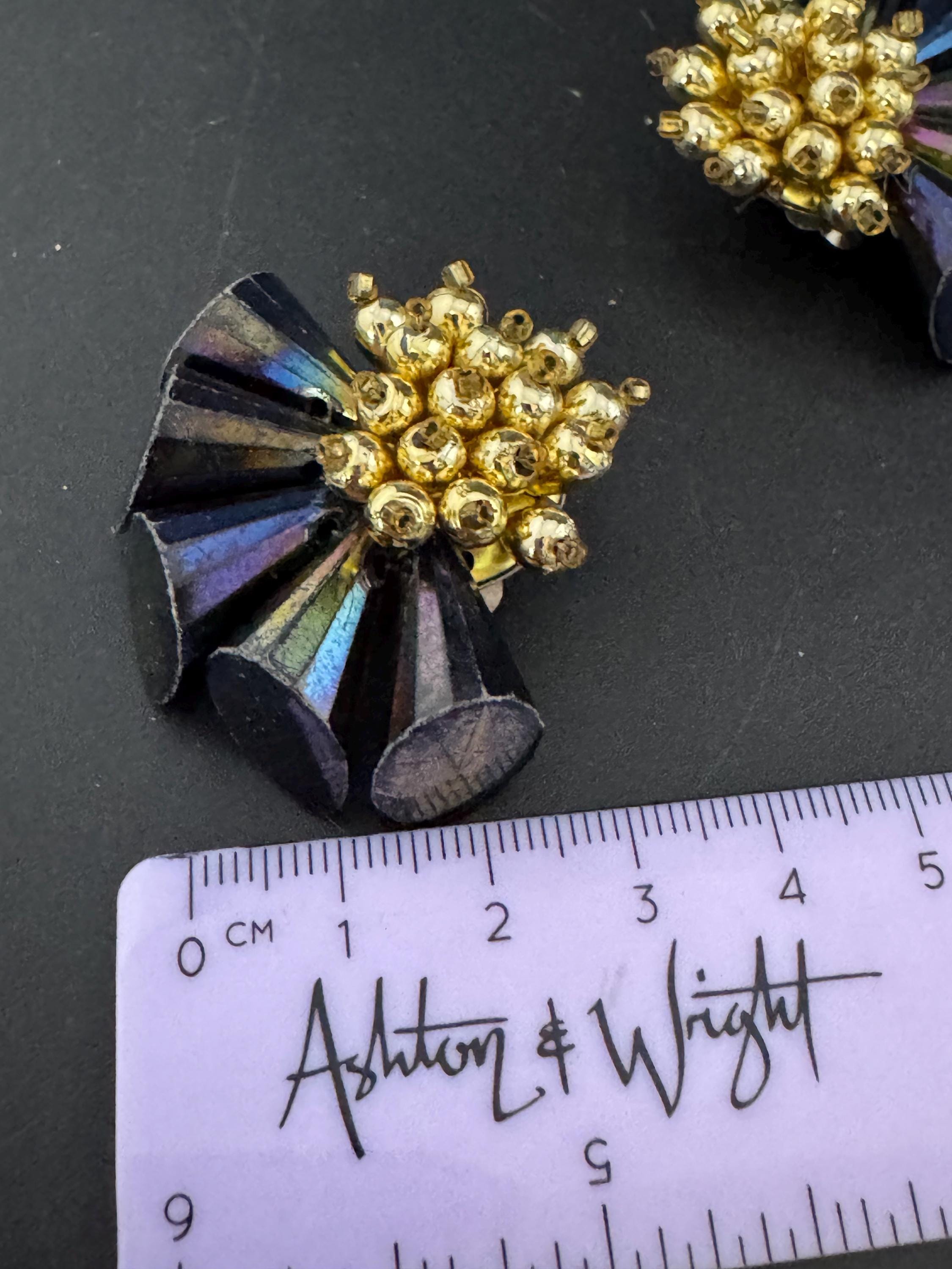 Oversized 4cm black gold plastic cluster beaded round domed Clip On Earrings Vintage