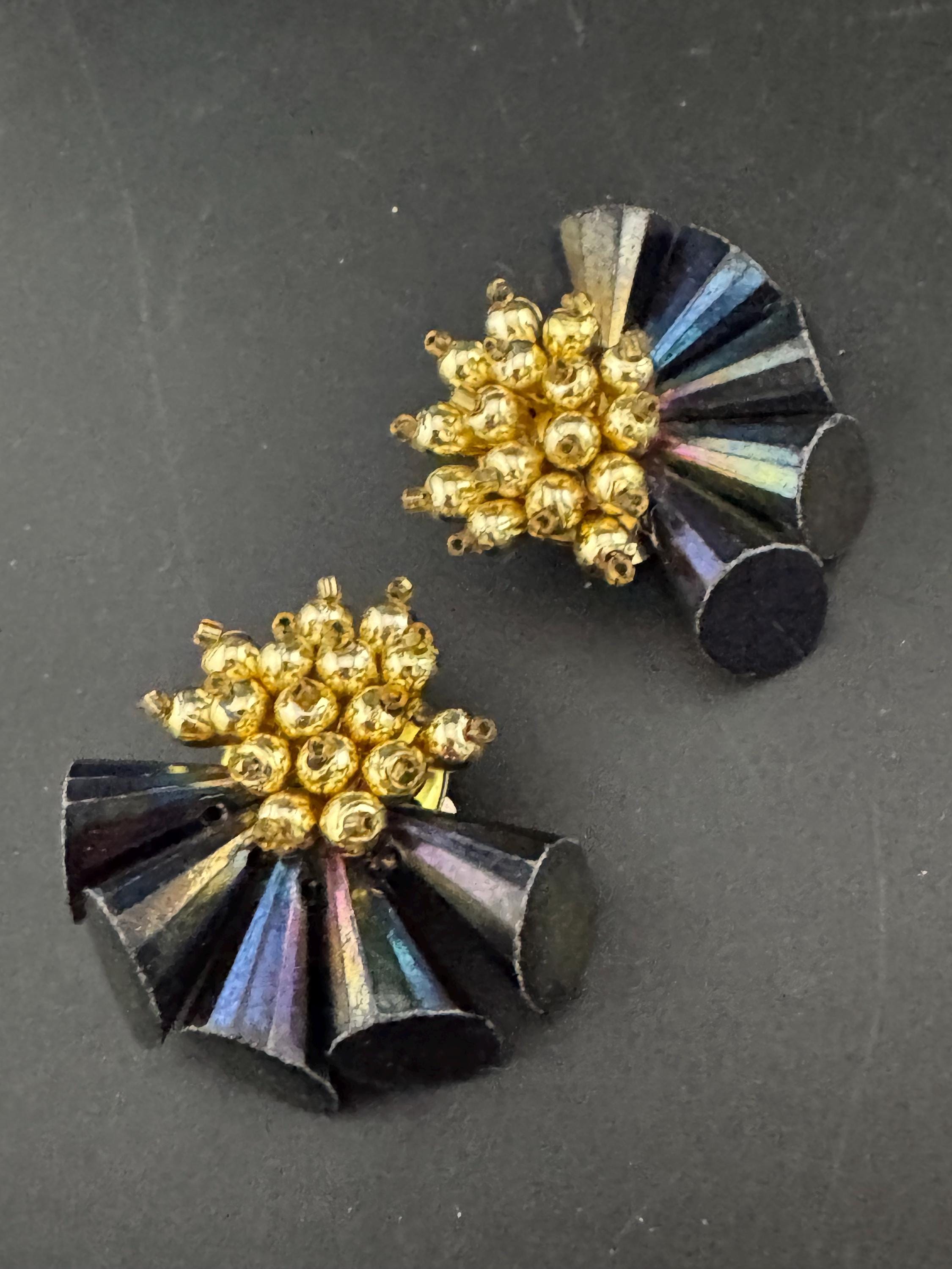 Oversized 4cm black gold plastic cluster beaded round domed Clip On Earrings Vintage
