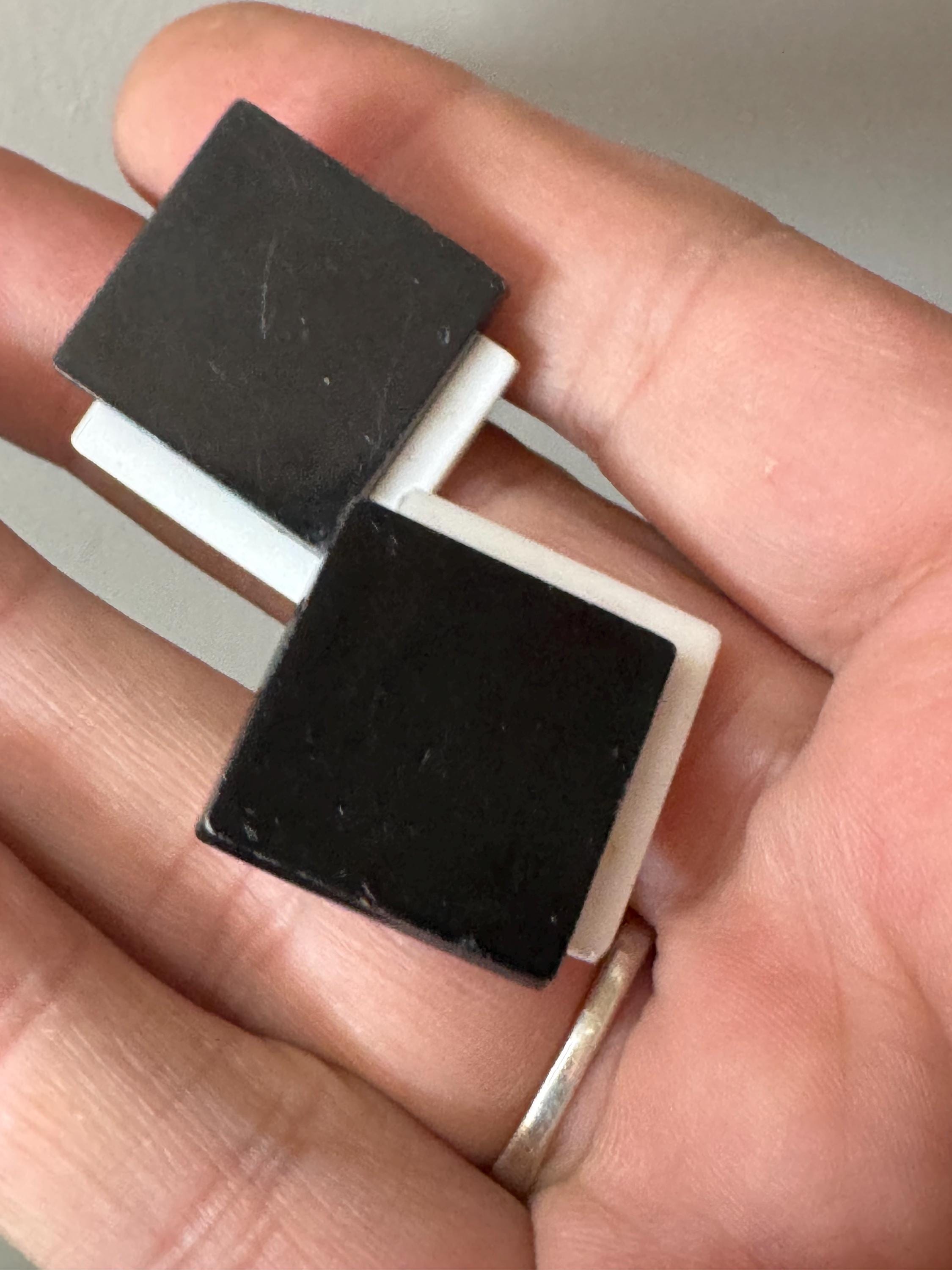 Vintage 1960s black and white monochrome clip on earrings, geometric diamond shape