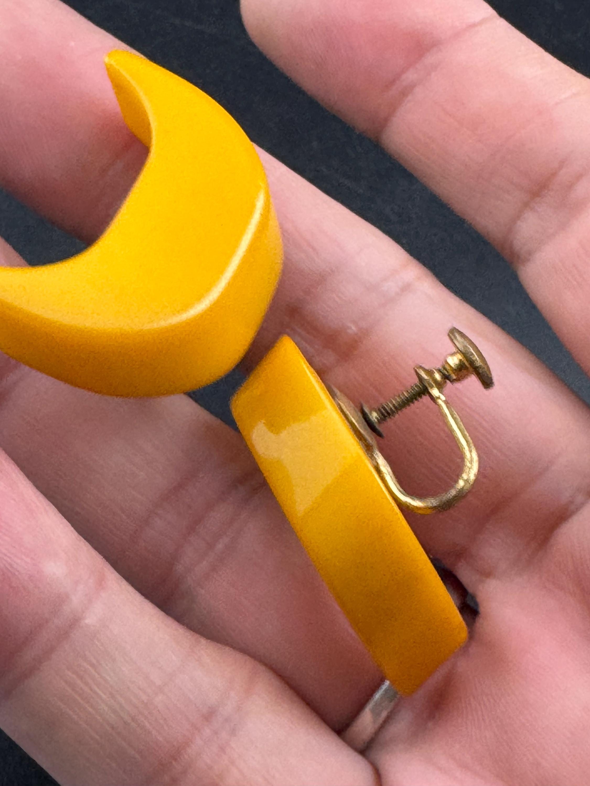 Vintage 1950s 1960s mustard yellow early plastic Clip On Earrings, modernist design