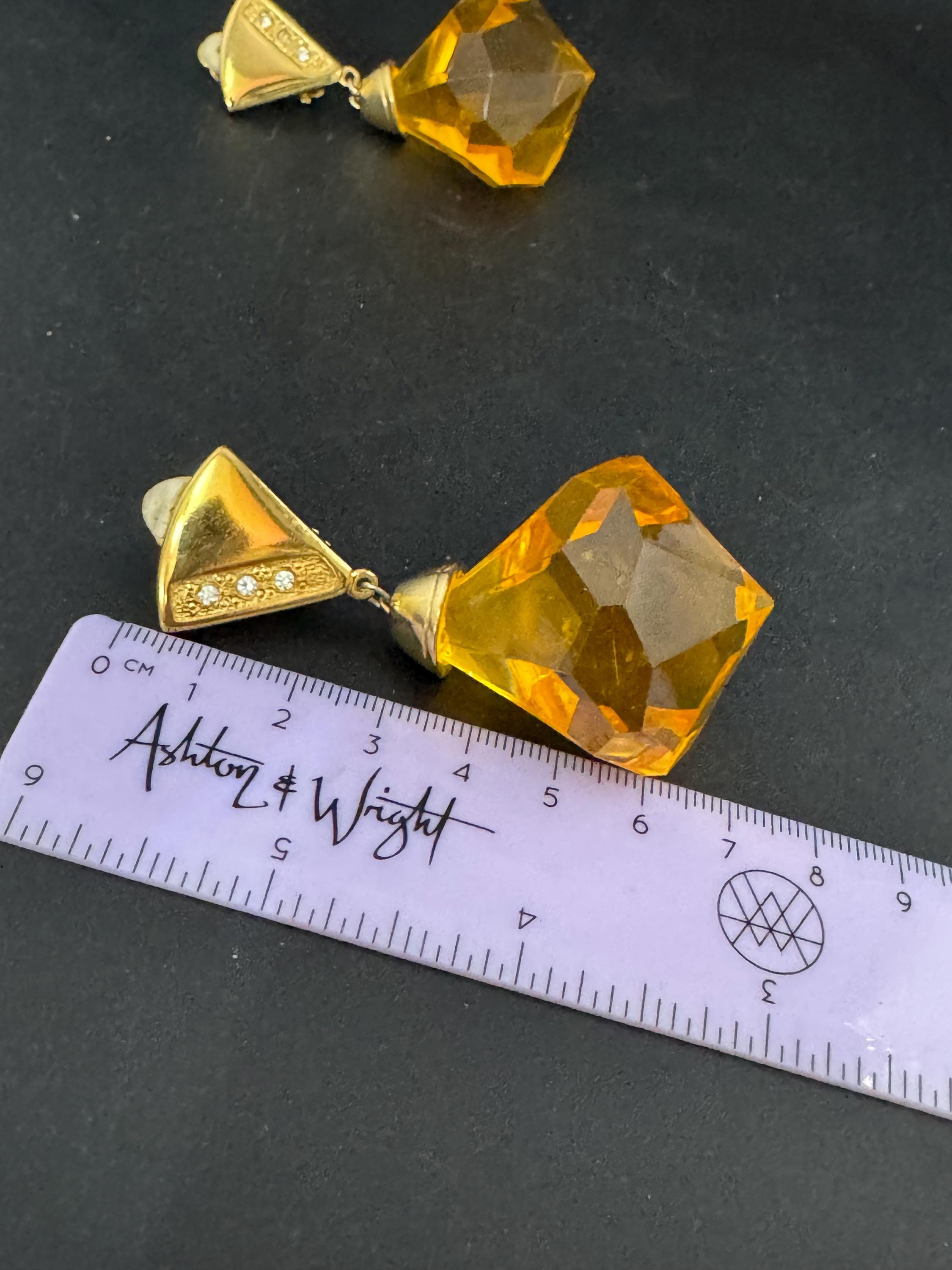 Retro oversized huge  yellow orange 7cm Plastic faceted diamante teardrop dangly clip on earrings