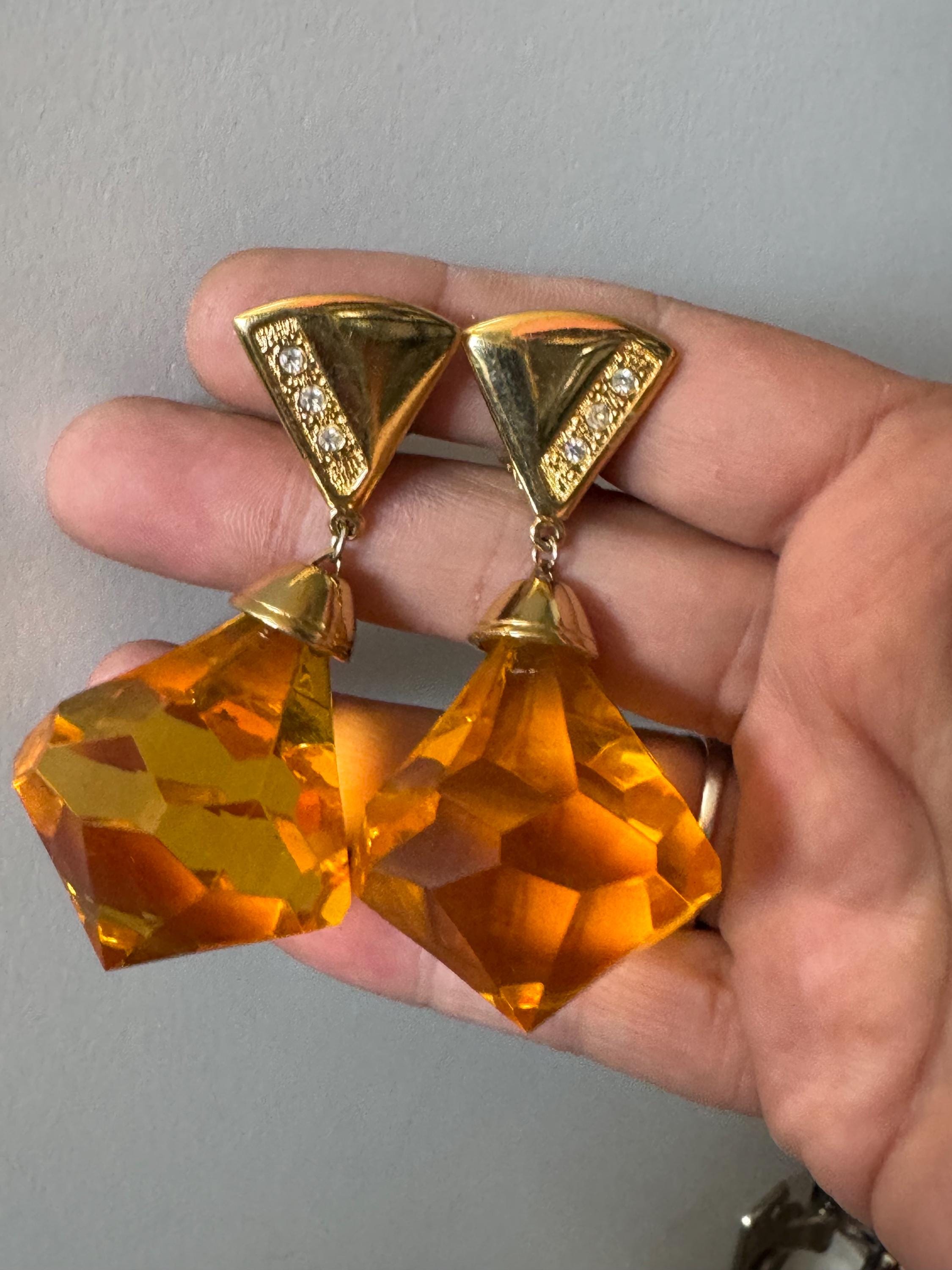 Retro oversized huge  yellow orange 7cm Plastic faceted diamante teardrop dangly clip on earrings