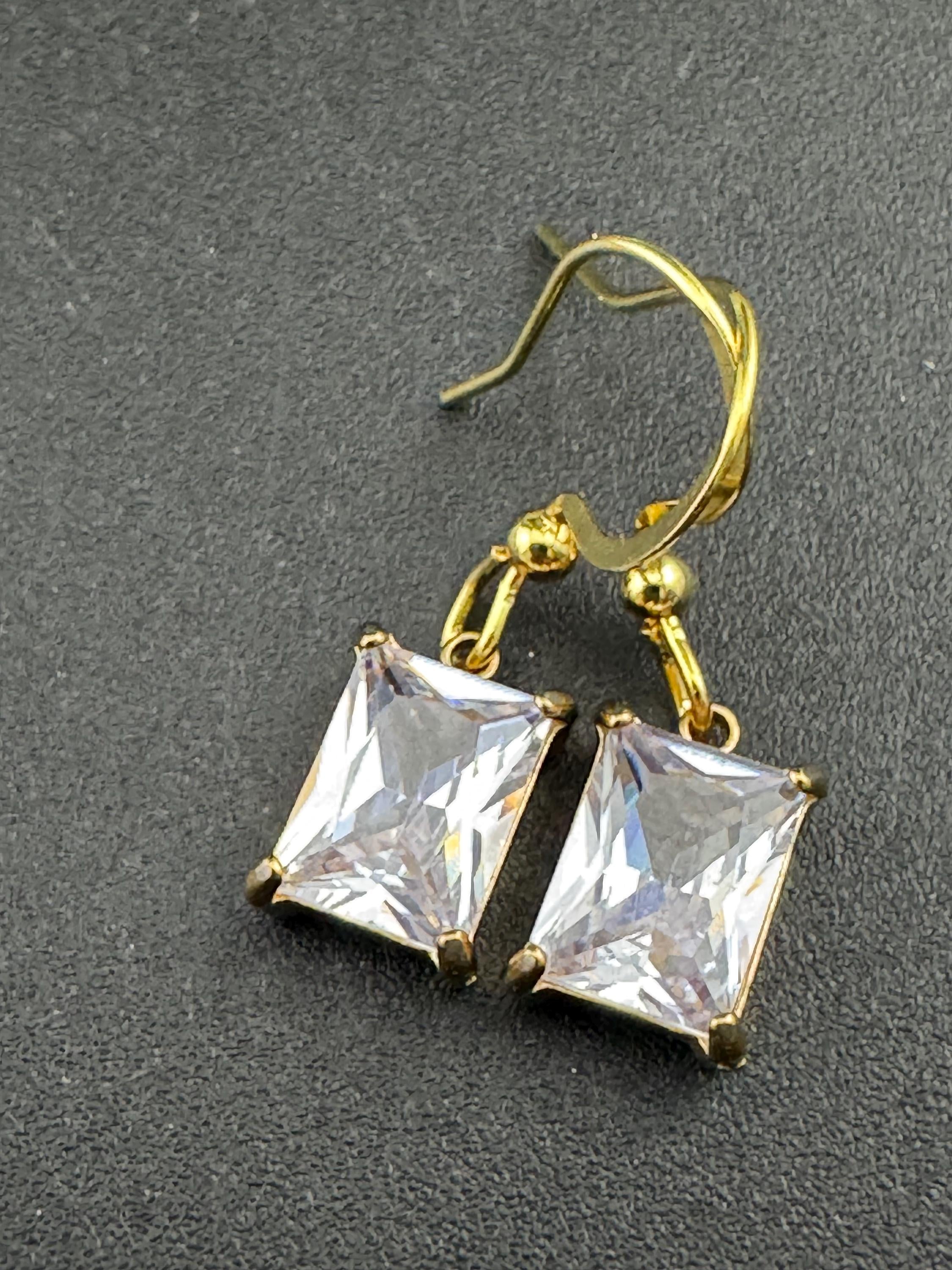 dainty emerald cut clear diamanté crystal rectangular drop earrings , gold tone earwires