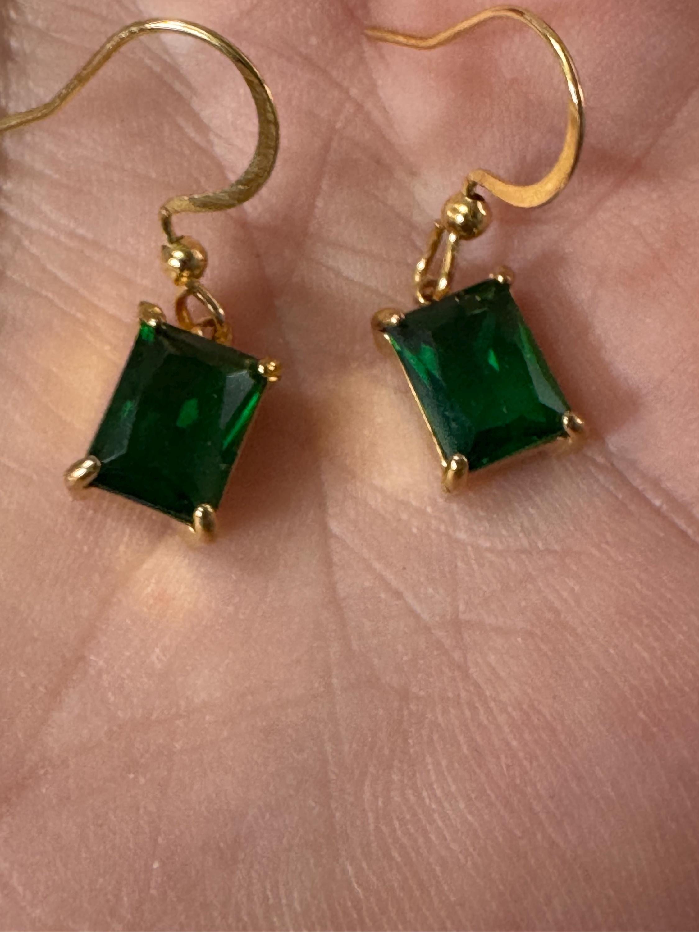 dainty emerald cut green diamanté crystal rectangular drop earrings , gold tone earwires